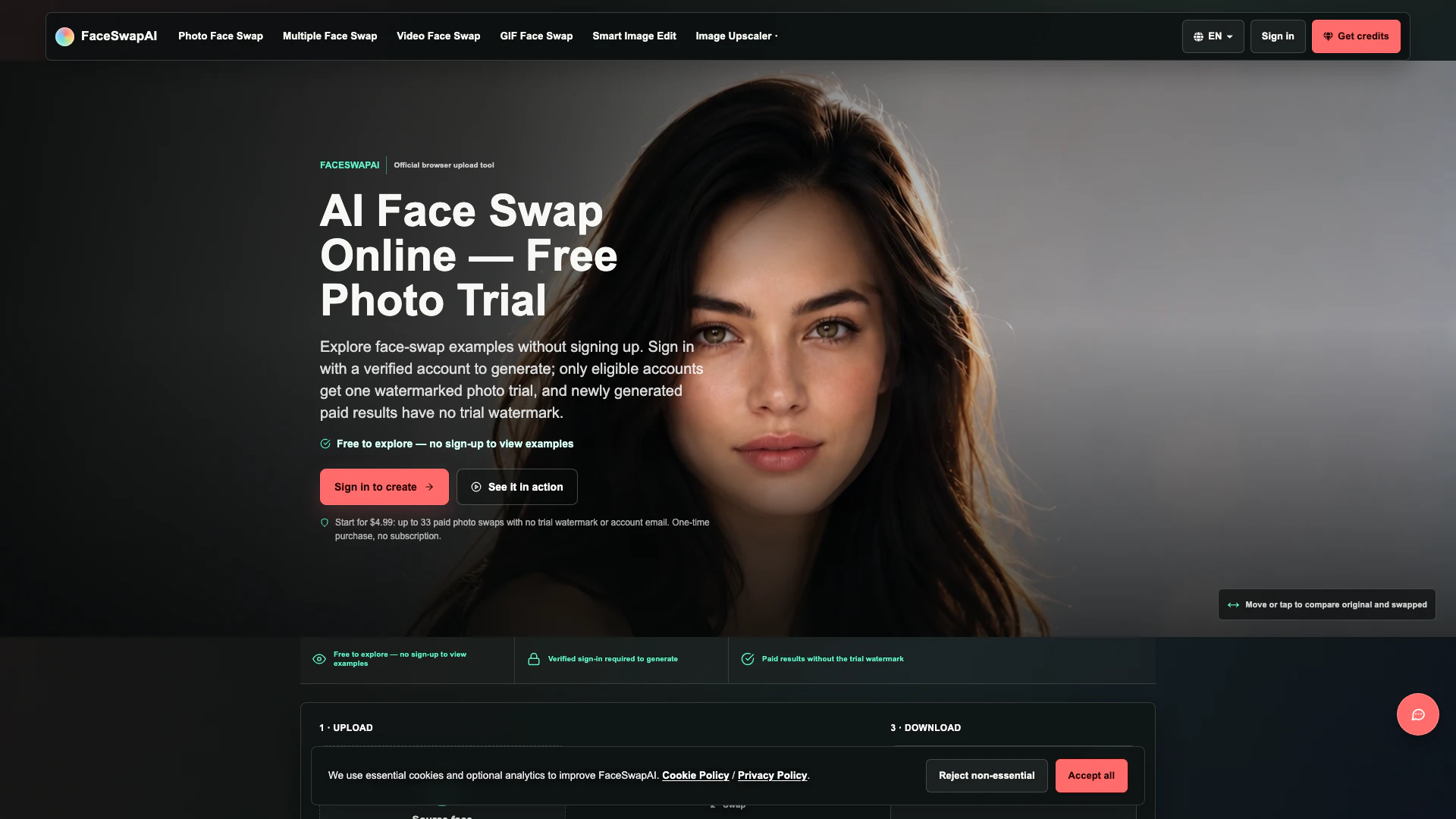 Face Swap Ai website screenshot showing Face Swap AI allows you to easily swap f... interface and features
