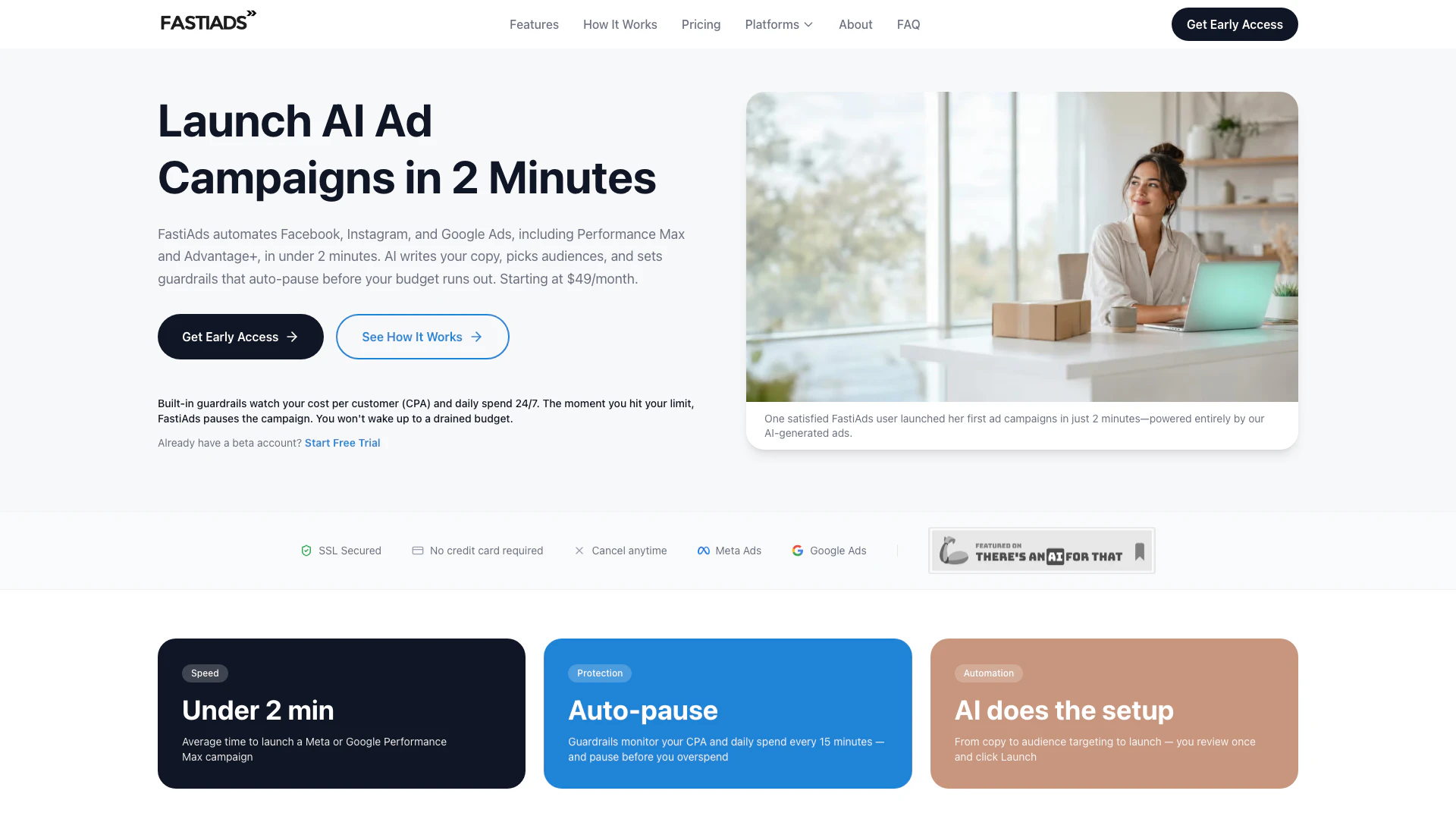 Fastiads website screenshot showing FastiAds leverages AI to create Facebook... interface and features