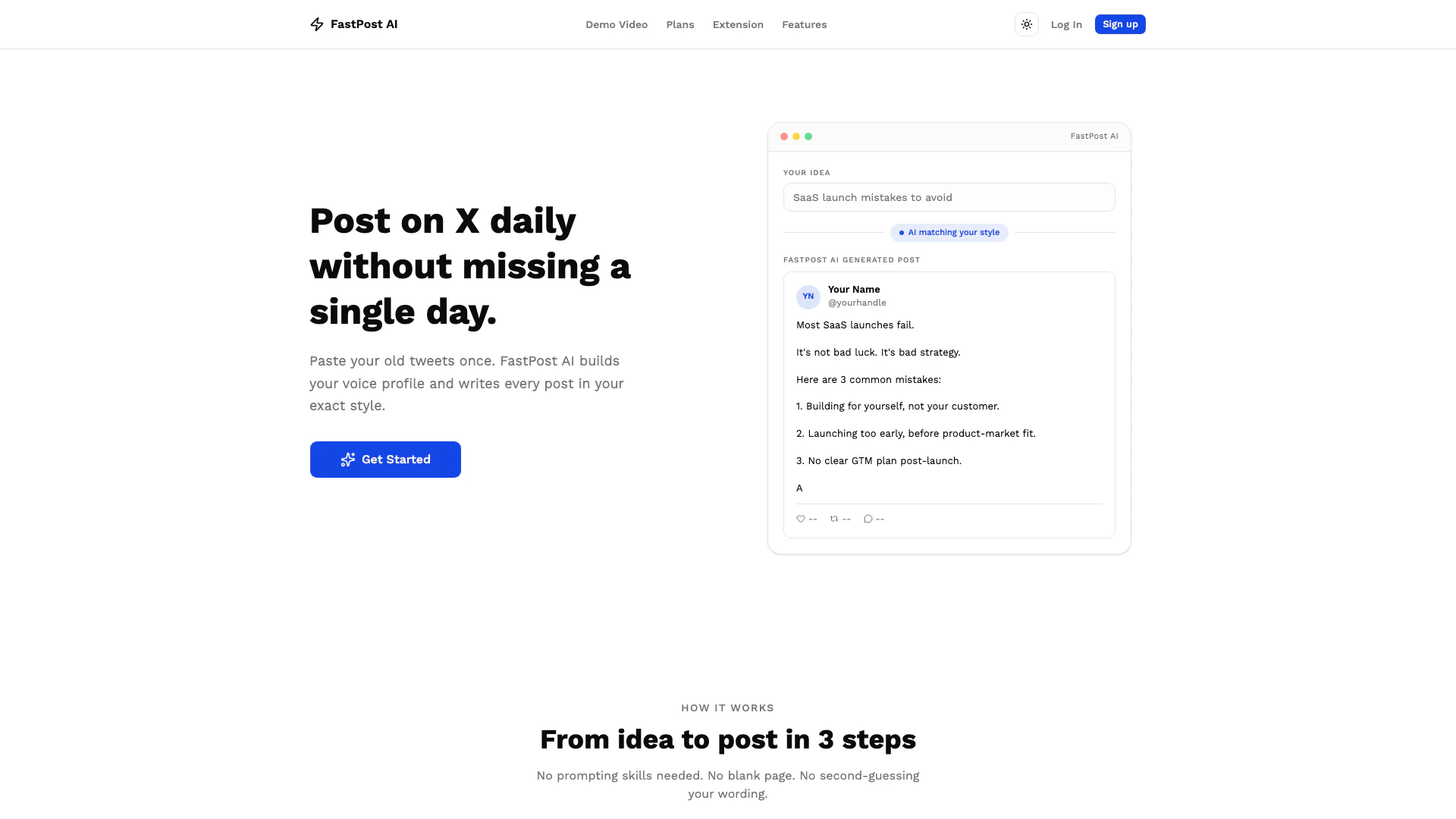 Fastpost Ai website screenshot showing FastPost AI is an AI tweet generator tha... interface and features