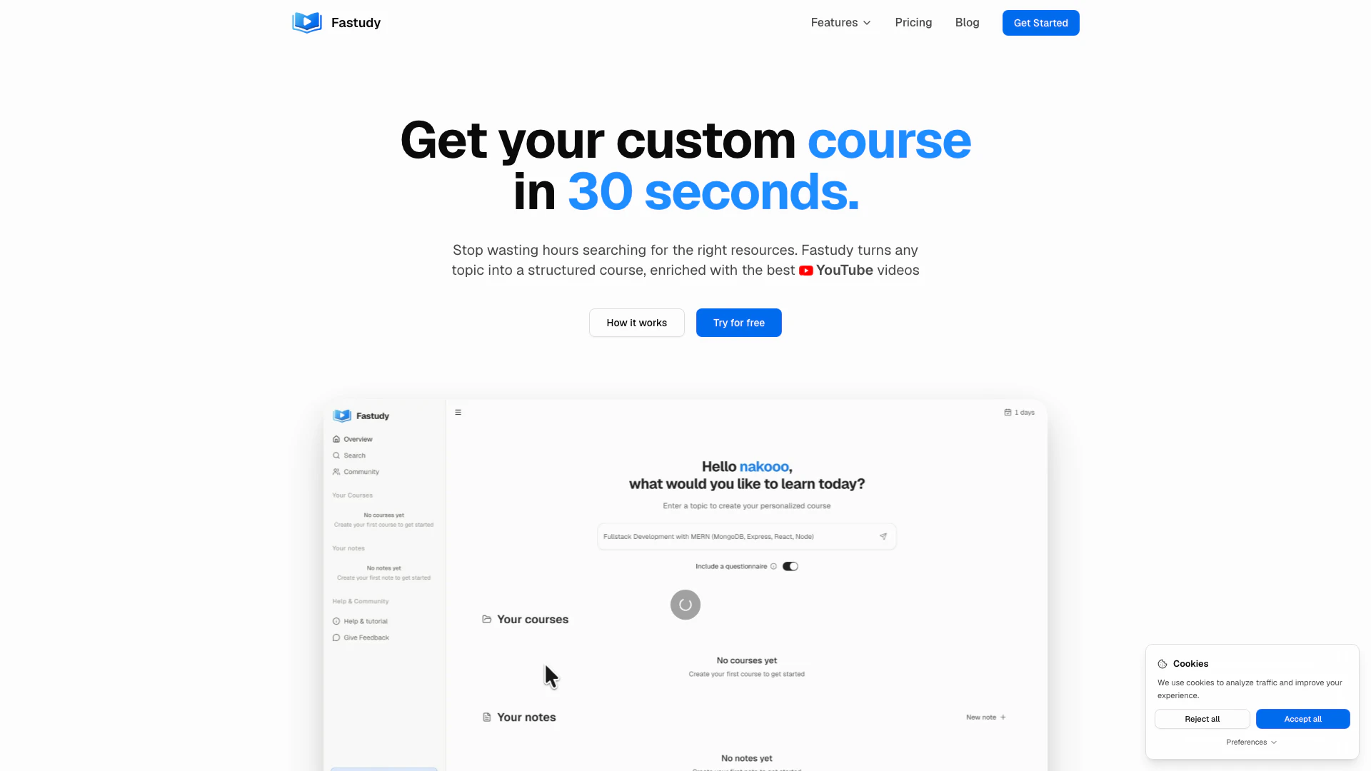 Fastudy website screenshot showing Fastudy transforms any topic into a pers... interface and features