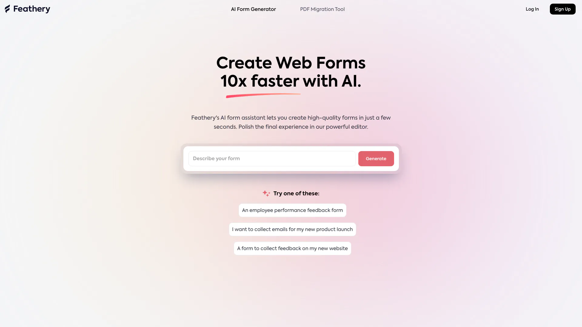 Feathery Ai website screenshot showing Feathery's AI form assistant lets you cr... interface and features