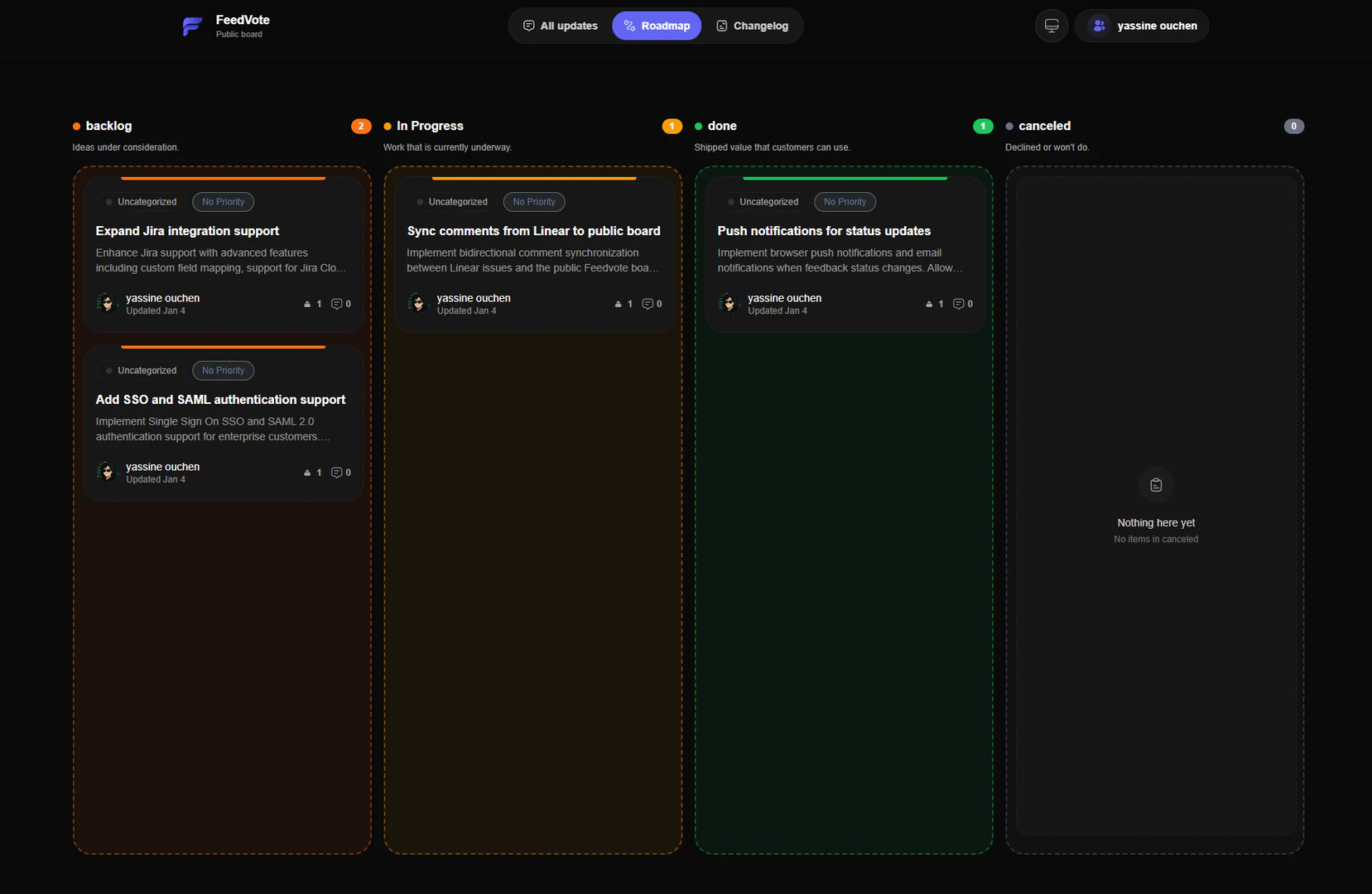 Feedvote public roadmap dark mode interface