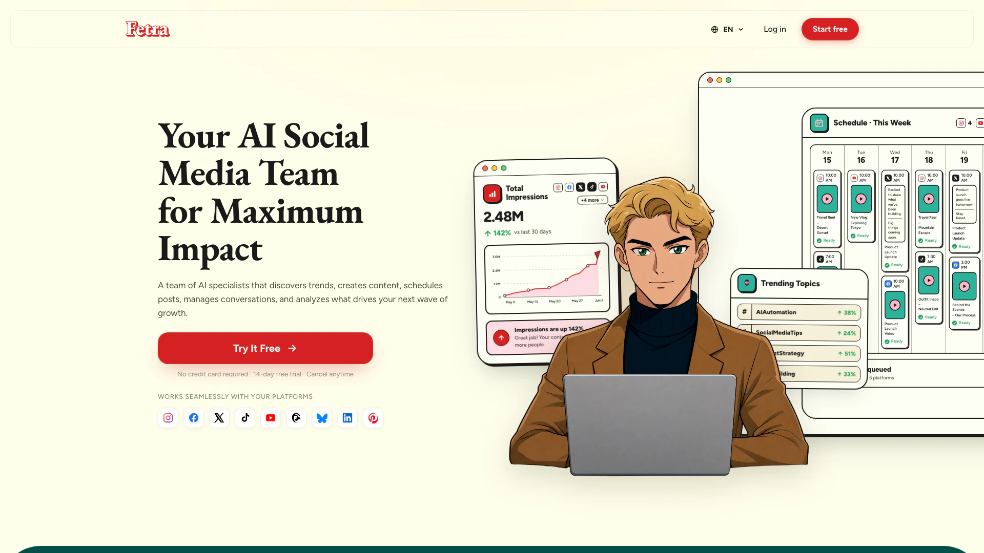 Fetraai website screenshot showing Fetra is an AI social media manager that... interface and features