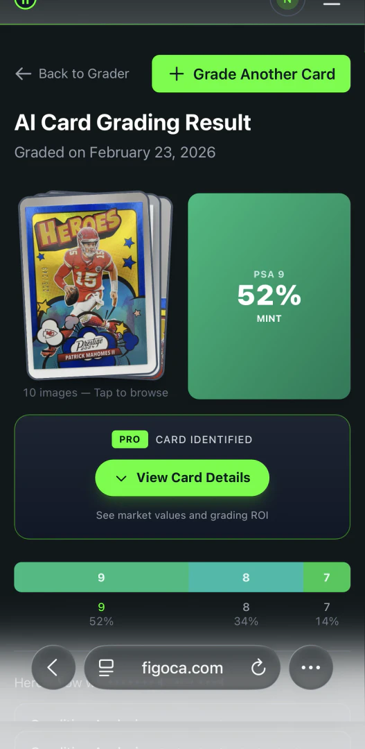 Figoca AI card grading result showing PSA-style grade probability