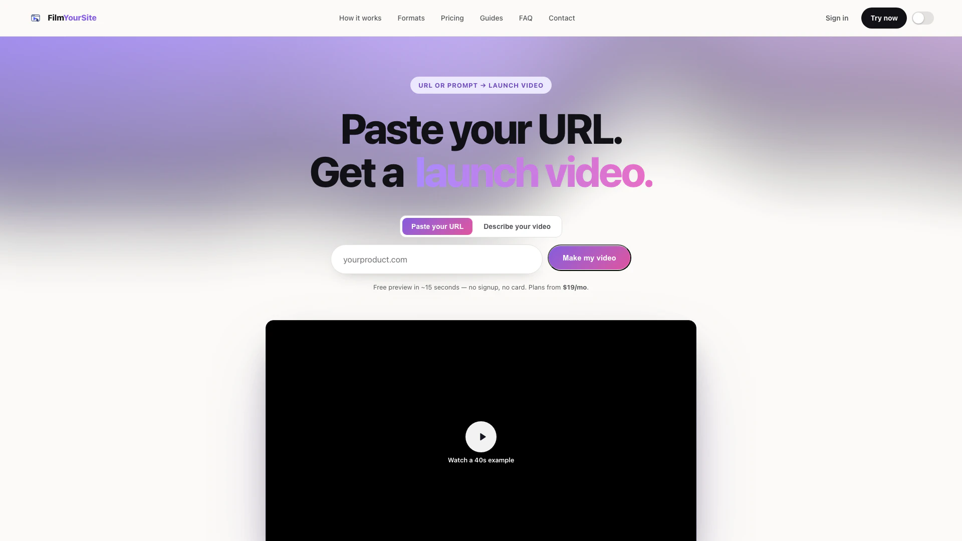 Filmyoursite website screenshot showing Turn any website URL into a polished 30-... interface and features
