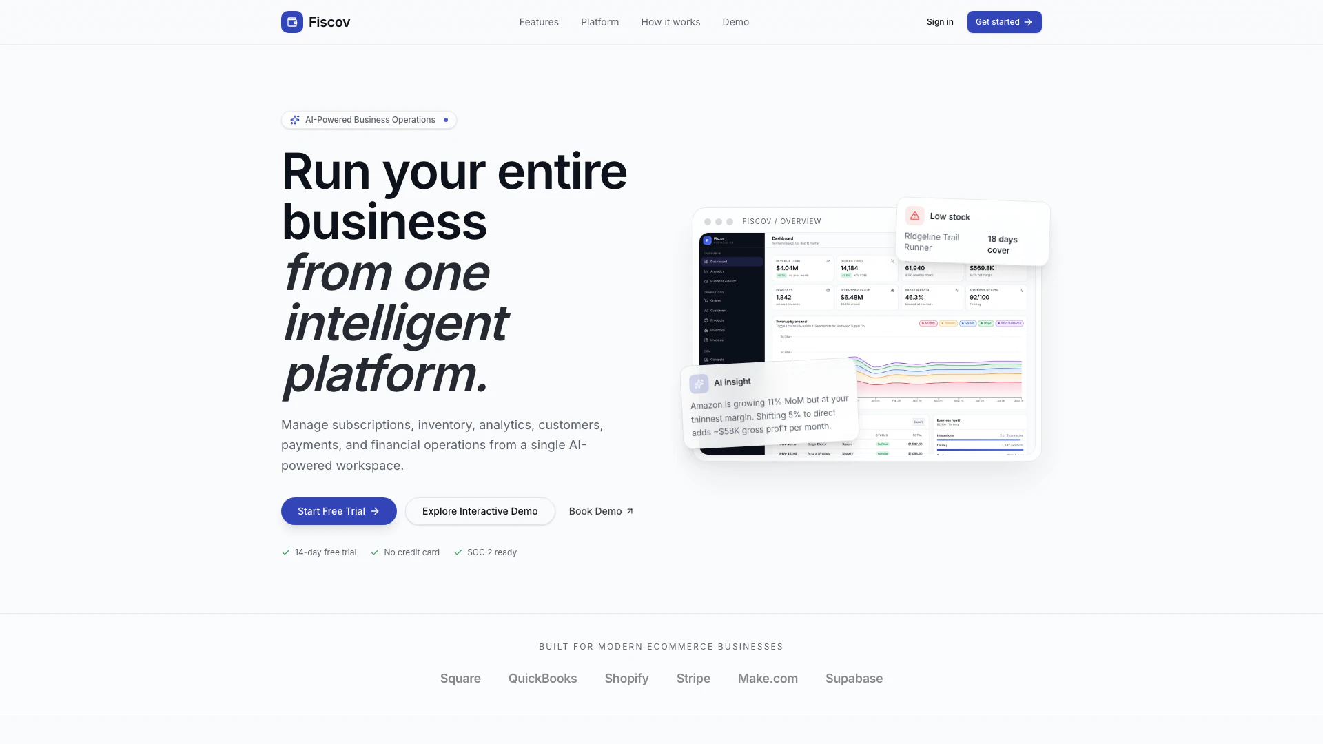 Fiscov website screenshot showing 재고, 수익, 구독, 송장, 분석, 판매세 및 비즈니스 성과를 하나의 플... interface and features