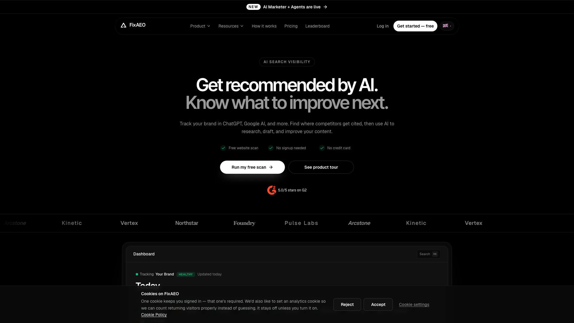 Fixaeo website screenshot showing FixAEO helps you track and optimize your... interface and features