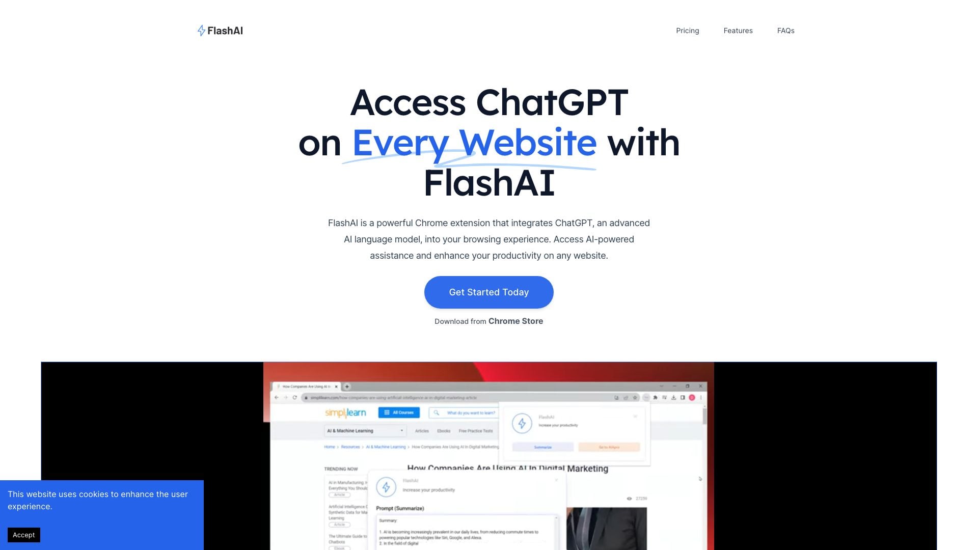 Flashai website screenshot showing FlashAI - Your best ai productivity tool... interface and features