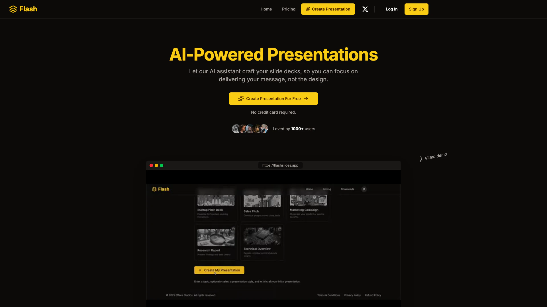 Flashslides website screenshot showing Flash es una herramienta de presentación... interface and features