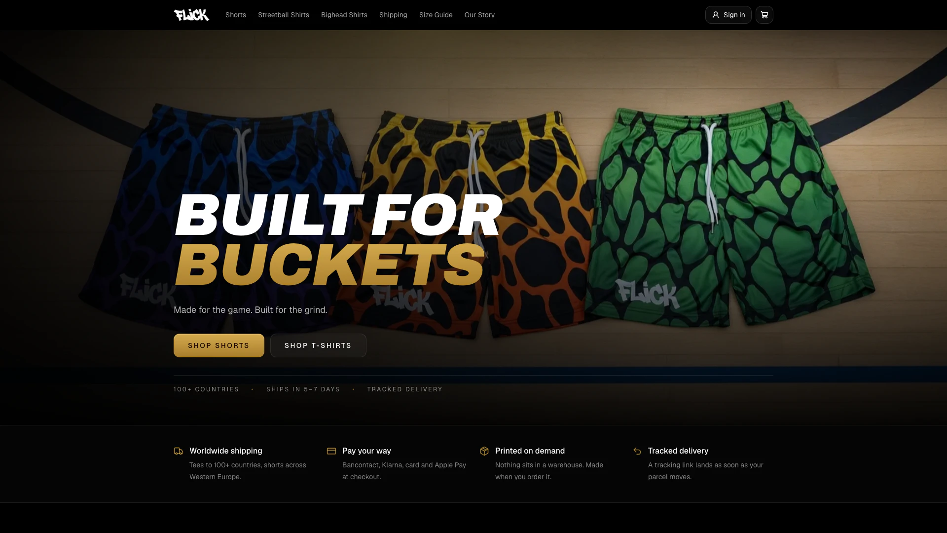 Flickclothing website screenshot showing Flick offers shorts and tees for hoopers... interface and features