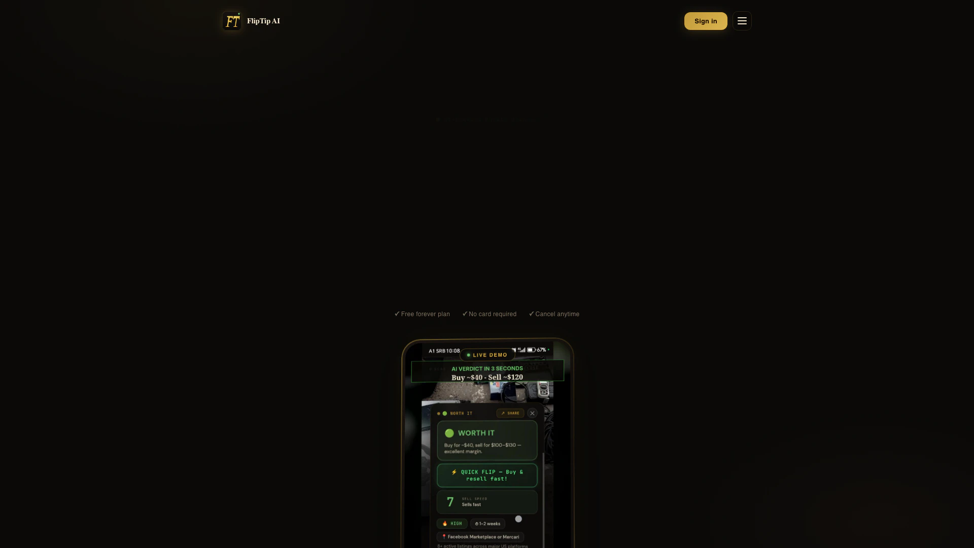 Fliptipai website screenshot showing FlipTip AI helps you scan items at flea ... interface and features