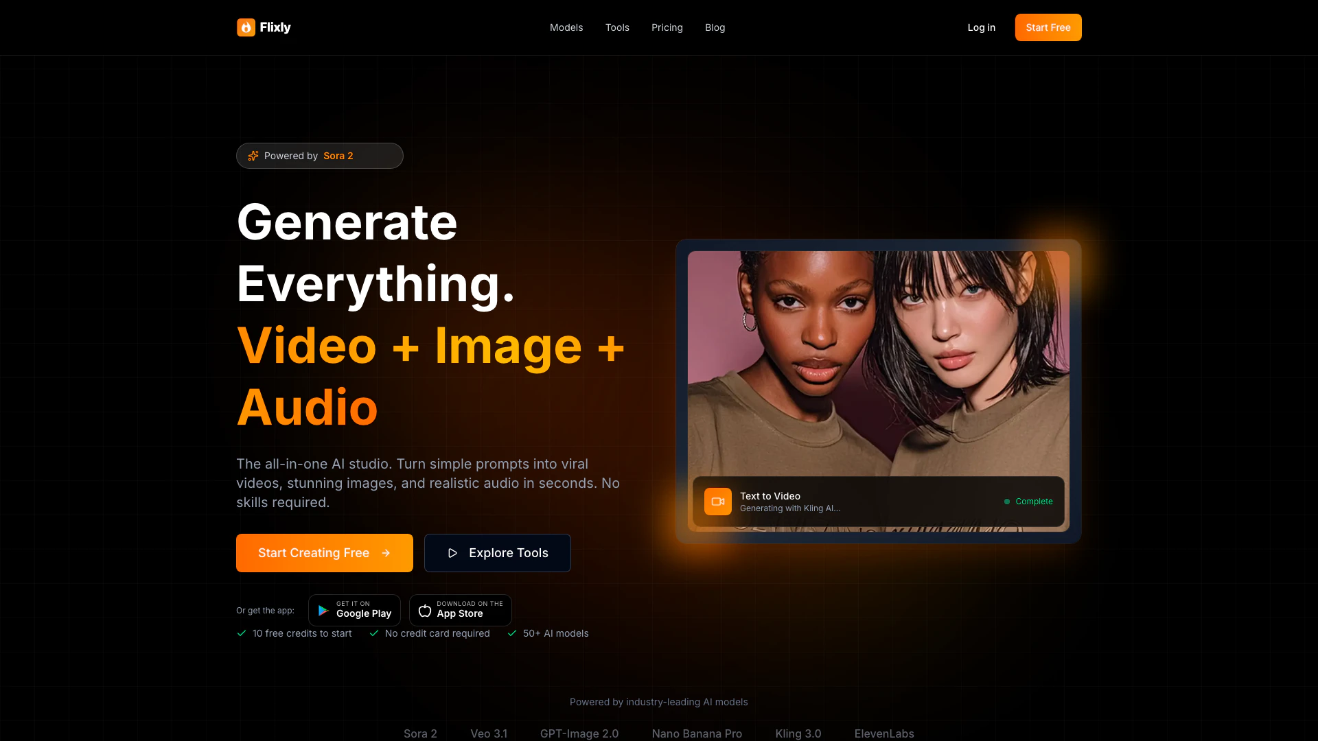 Flixlyai website screenshot showing Flixlyai is an all-in-one AI studio that... interface and features