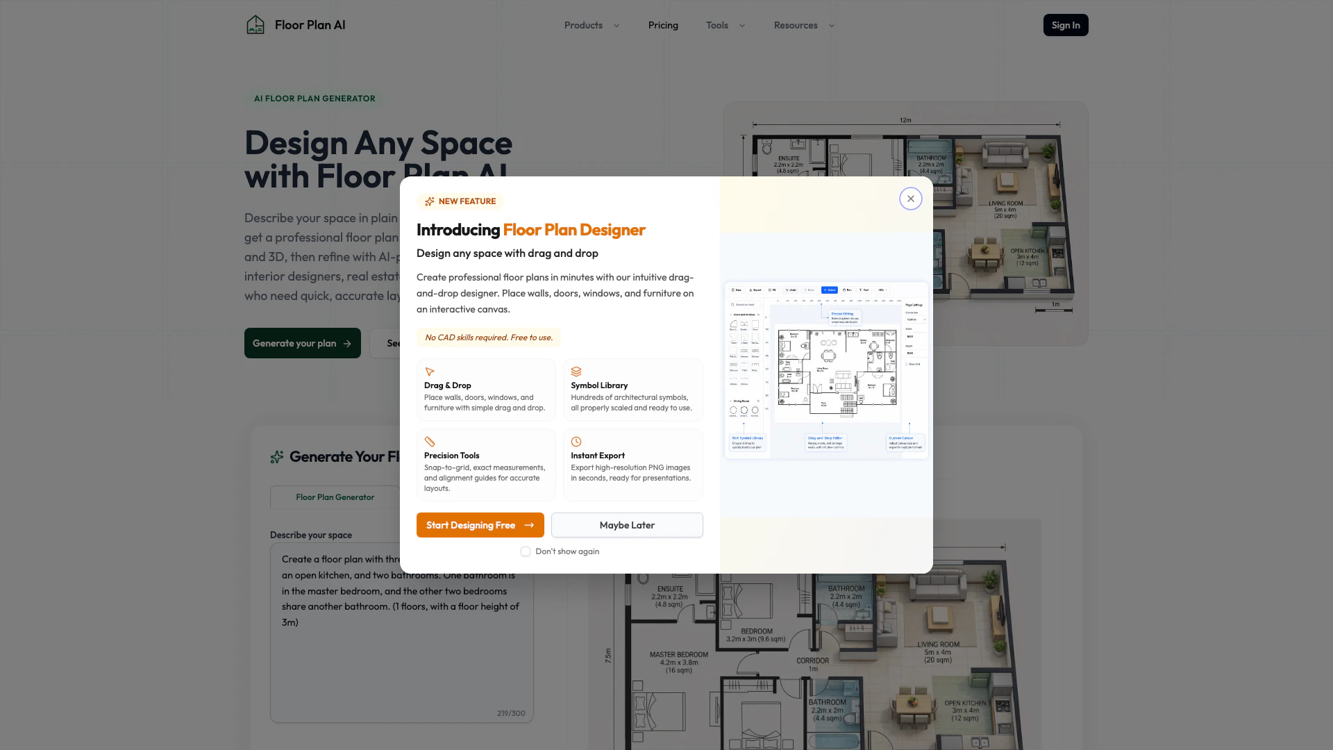 Floorplanai website screenshot showing Generate professional floor plans instan... interface and features