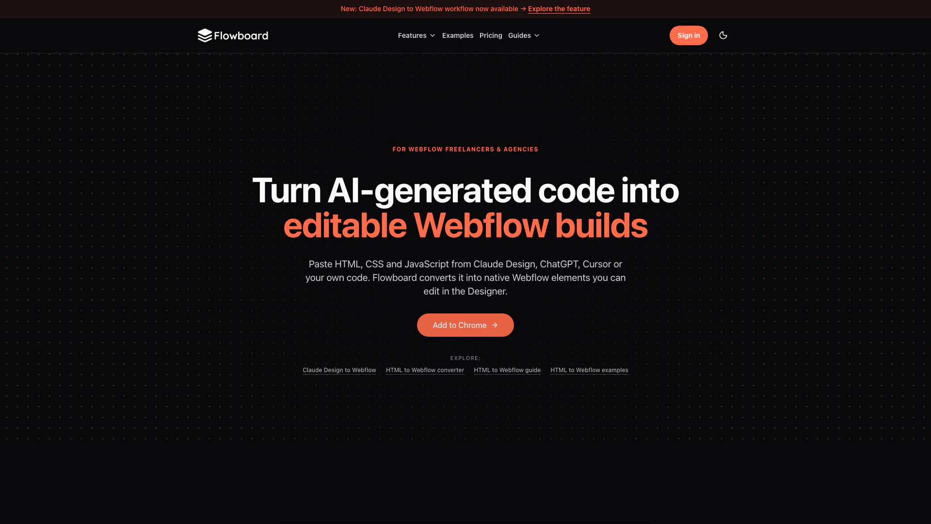 Flowboardapp website screenshot showing Flowboard vous permet de coller du HTML,... interface and features