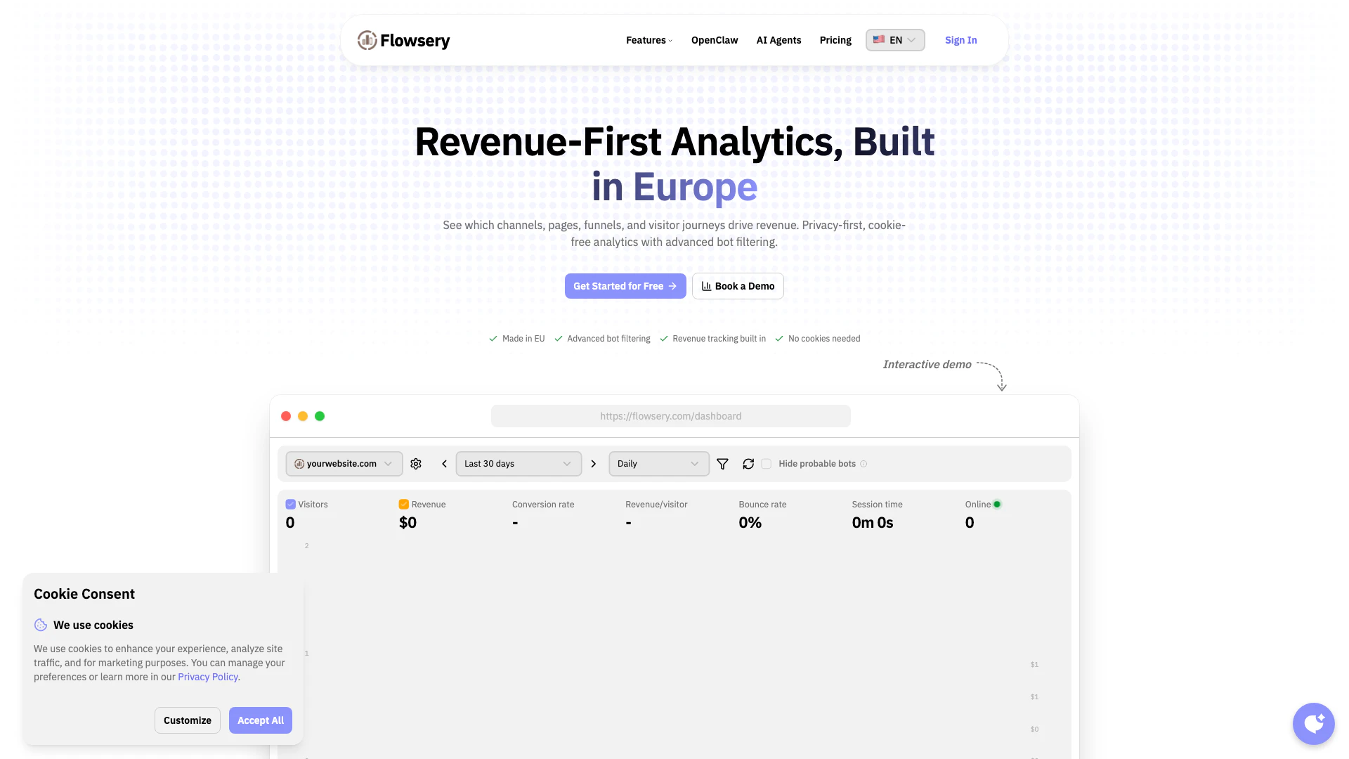 Flowsery website screenshot showing Flowsery provides real-time analytics to... interface and features