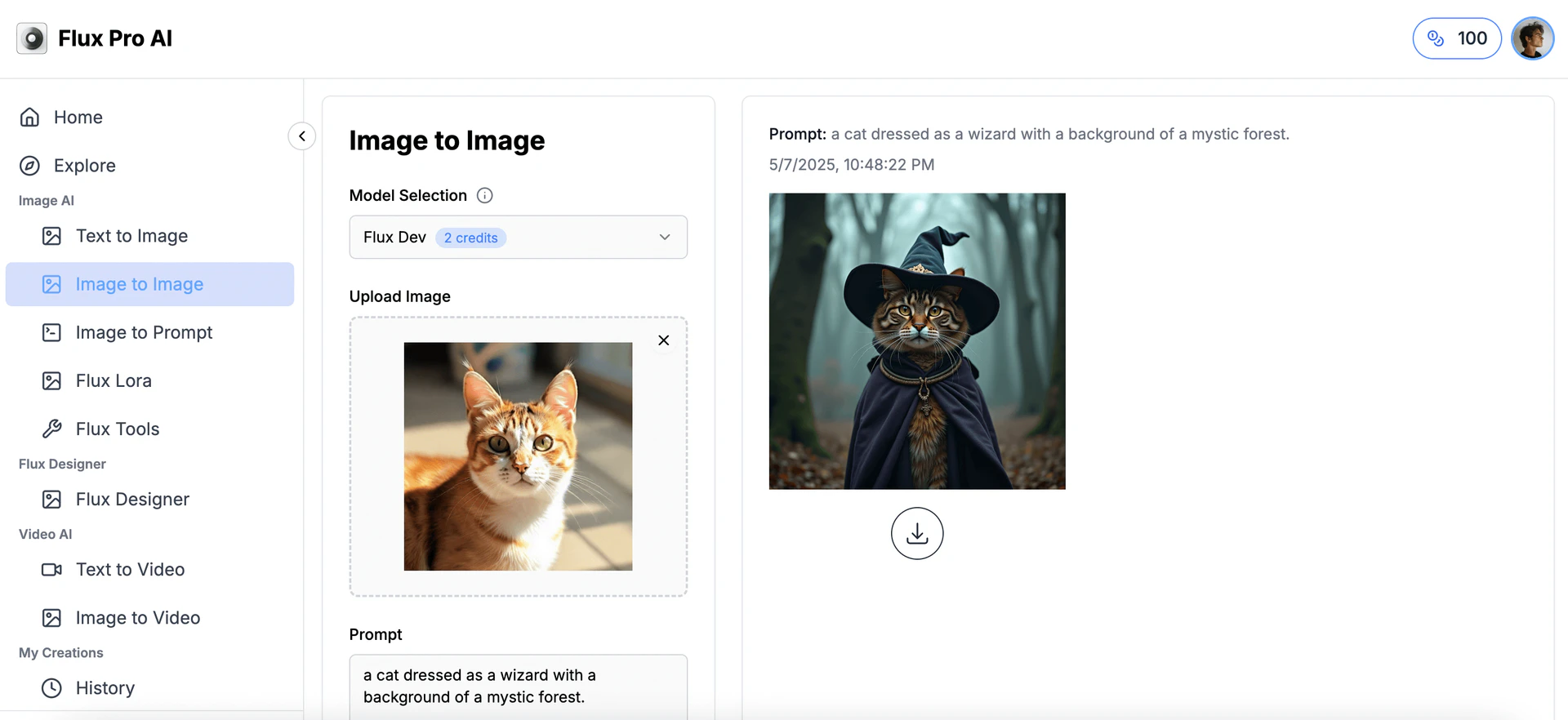 Flux Pro AI image-to-image generation example
