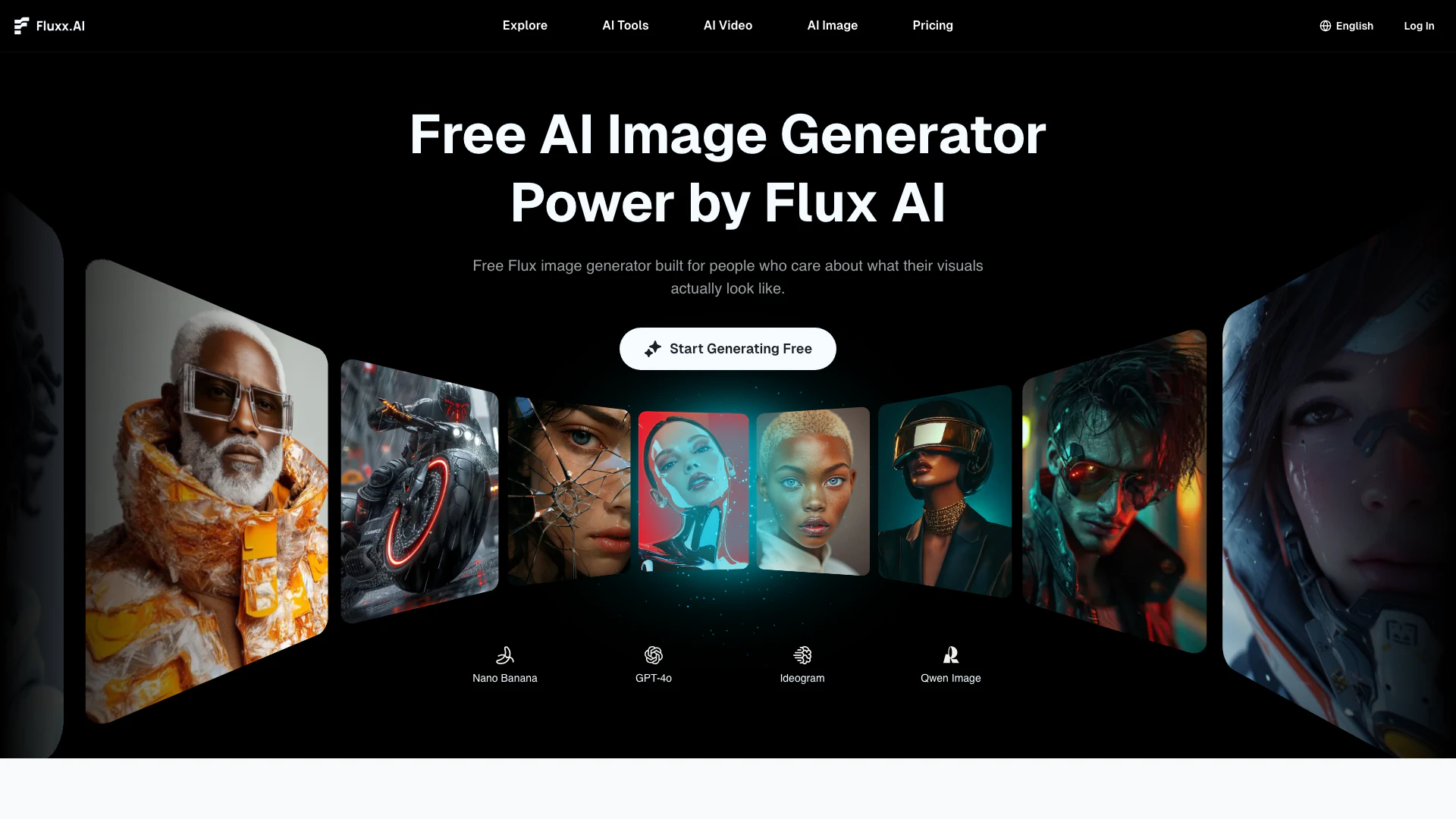 Fluxxai website screenshot showing Create stunning images effortlessly with... interface and features
