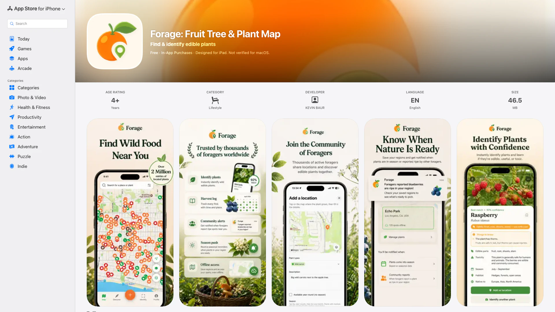 Forage: Fruit Tree & Plant Map - iOS App website screenshot showing Forage helps you discover free food grow... interface and features