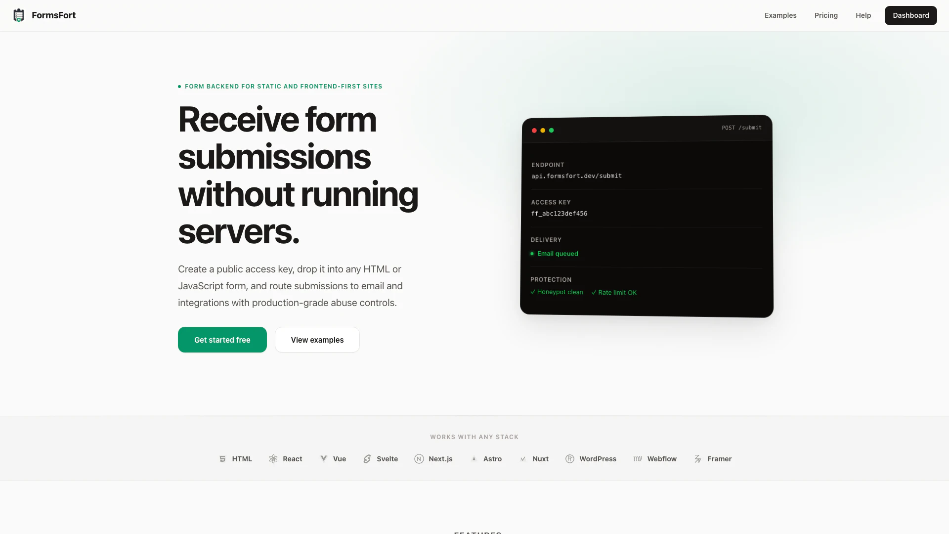 Formsfort website screenshot showing FormsFort는 서버 관리 없이 정적 사이트의 제출을 받을 수 있는 ... interface and features