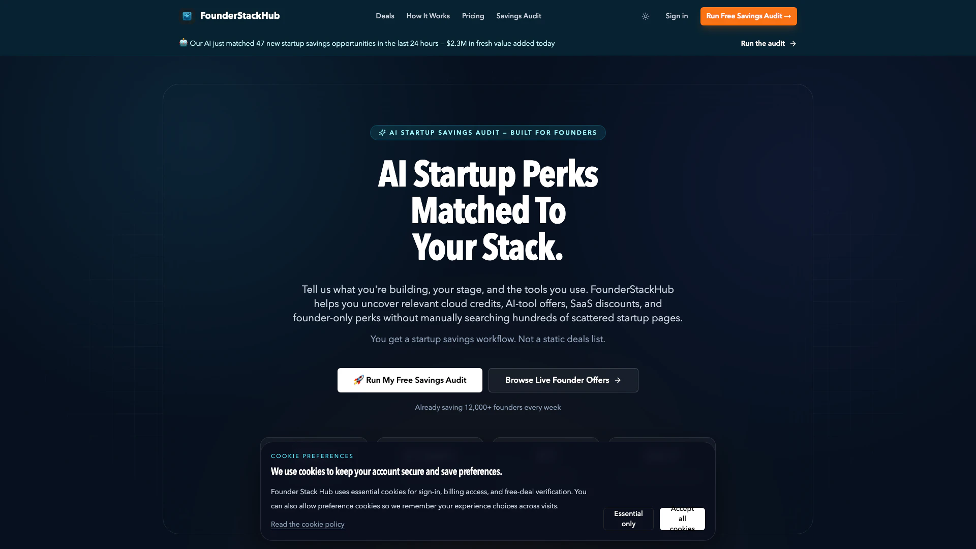 Founderstackhub website screenshot showing FounderStackHub connects startups with c... interface and features