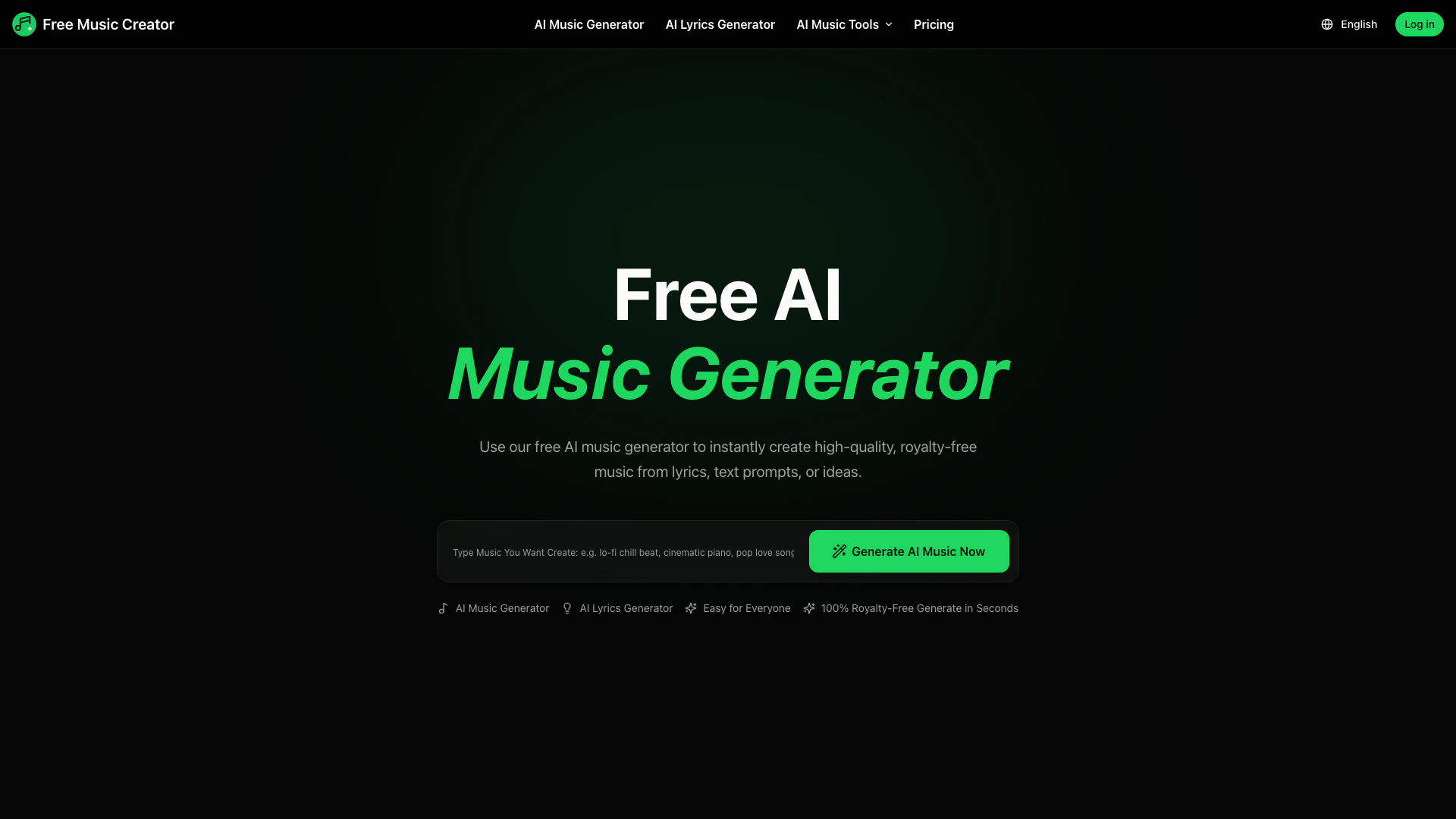 Freemusiccreatorai website screenshot showing Create royalty-free music instantly with... interface and features
