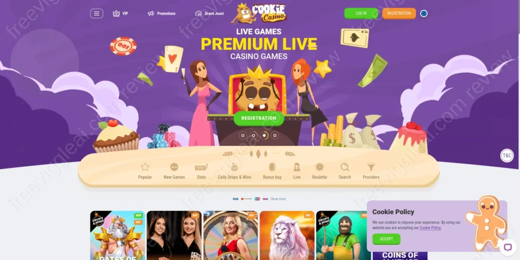 Cookie Casino homepage showcasing various games and promotions
