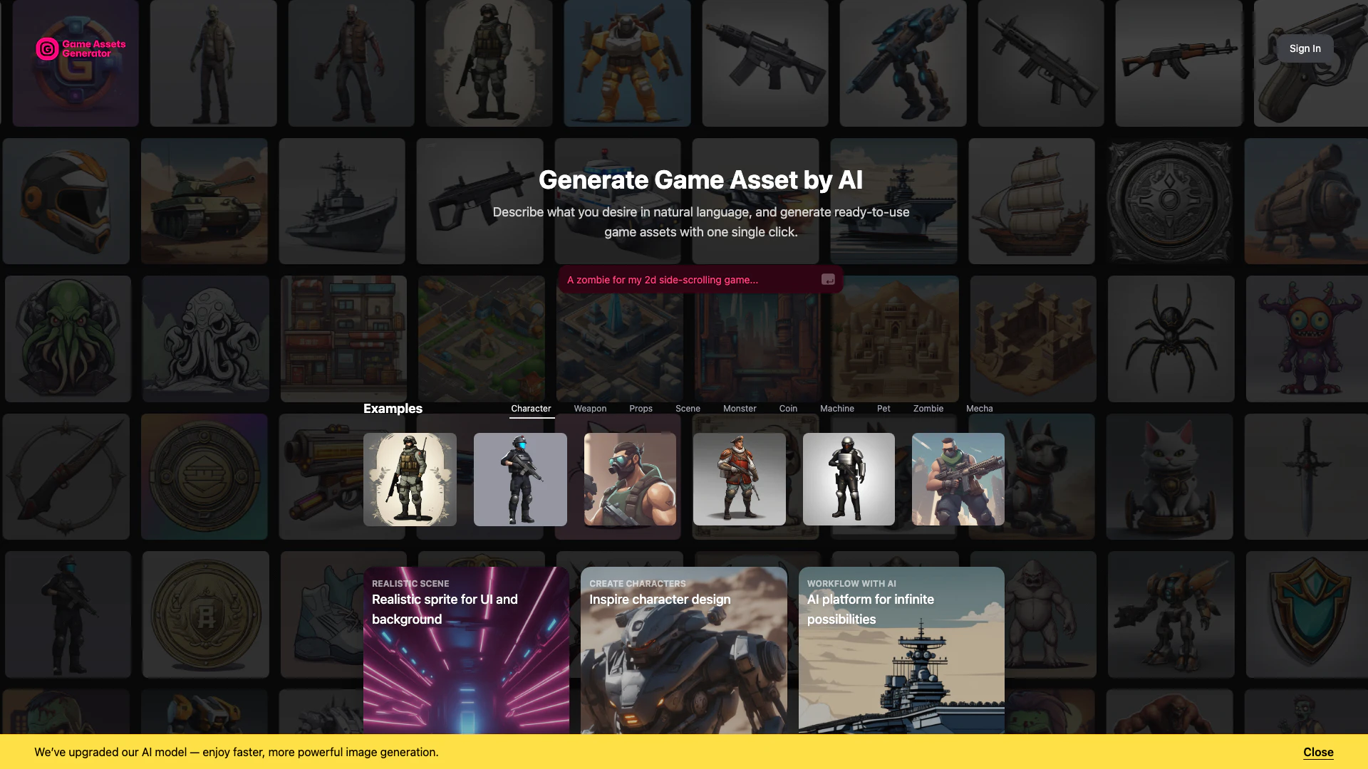 Game Assets Generator website screenshot showing AI Game Assets Generator - generate free... interface and features