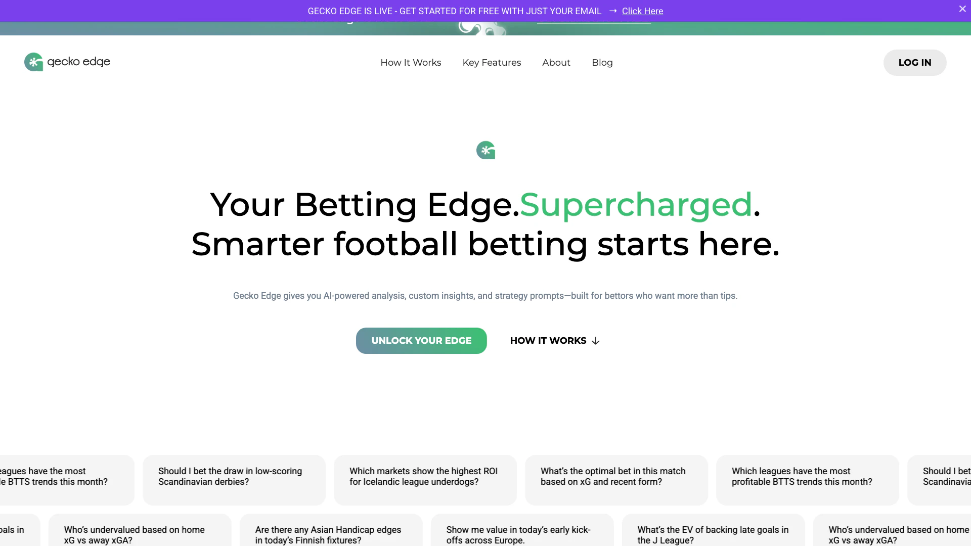 Geckoedgeai website screenshot showing Gecko Edge offers AI-powered football be... interface and features