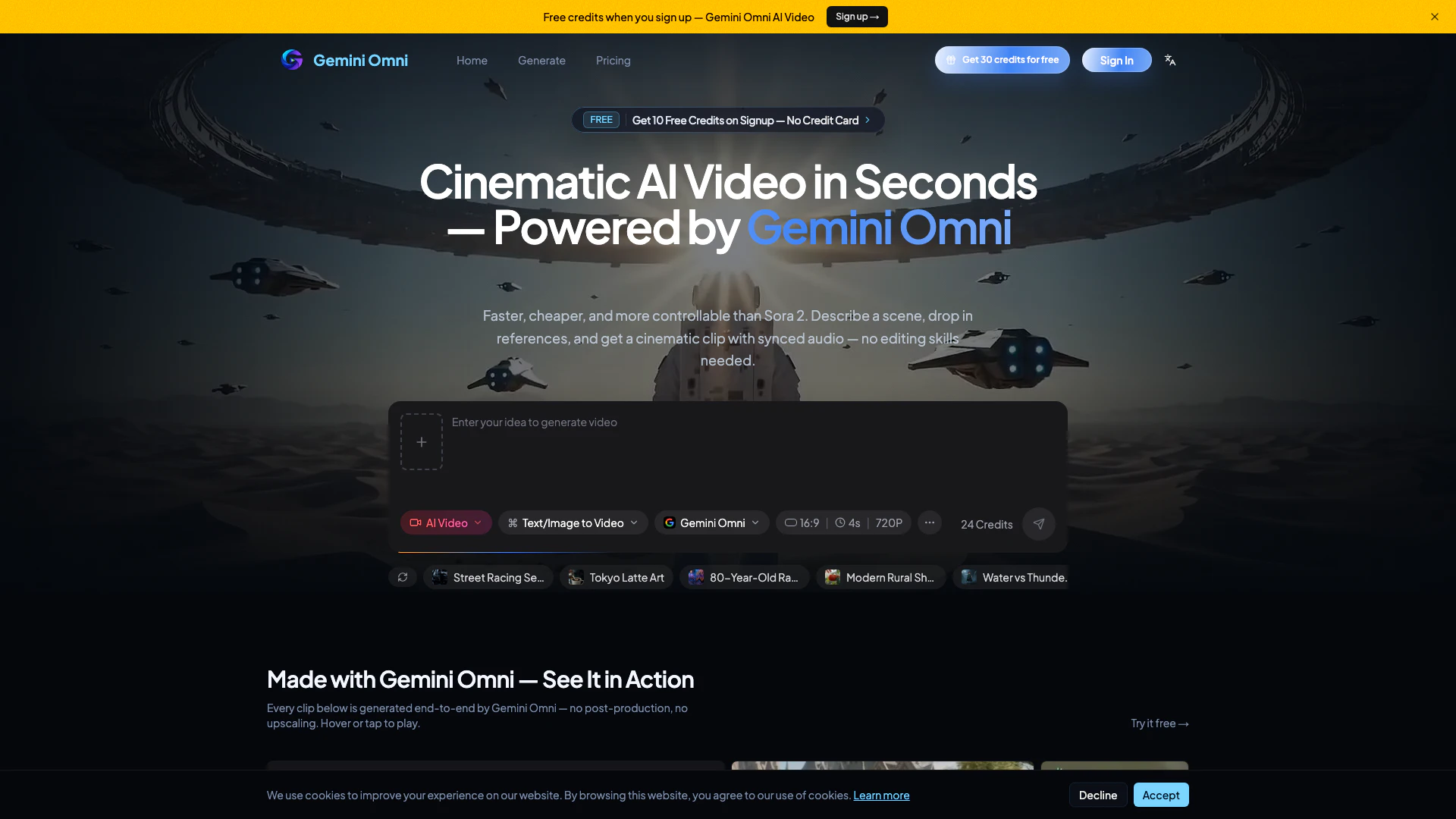 Gemini Omni website screenshot showing Gemini Omni is an AI video generator by ... interface and features