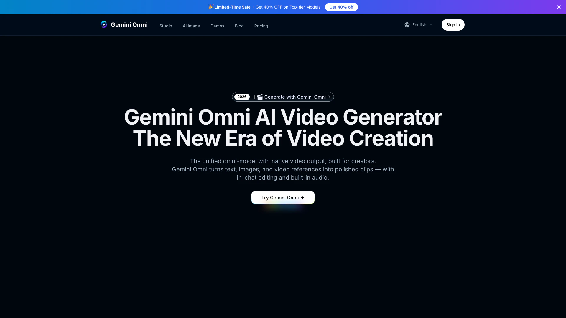 Geminiomni website screenshot showing Craft cinematic AI videos with Gemini Om... interface and features