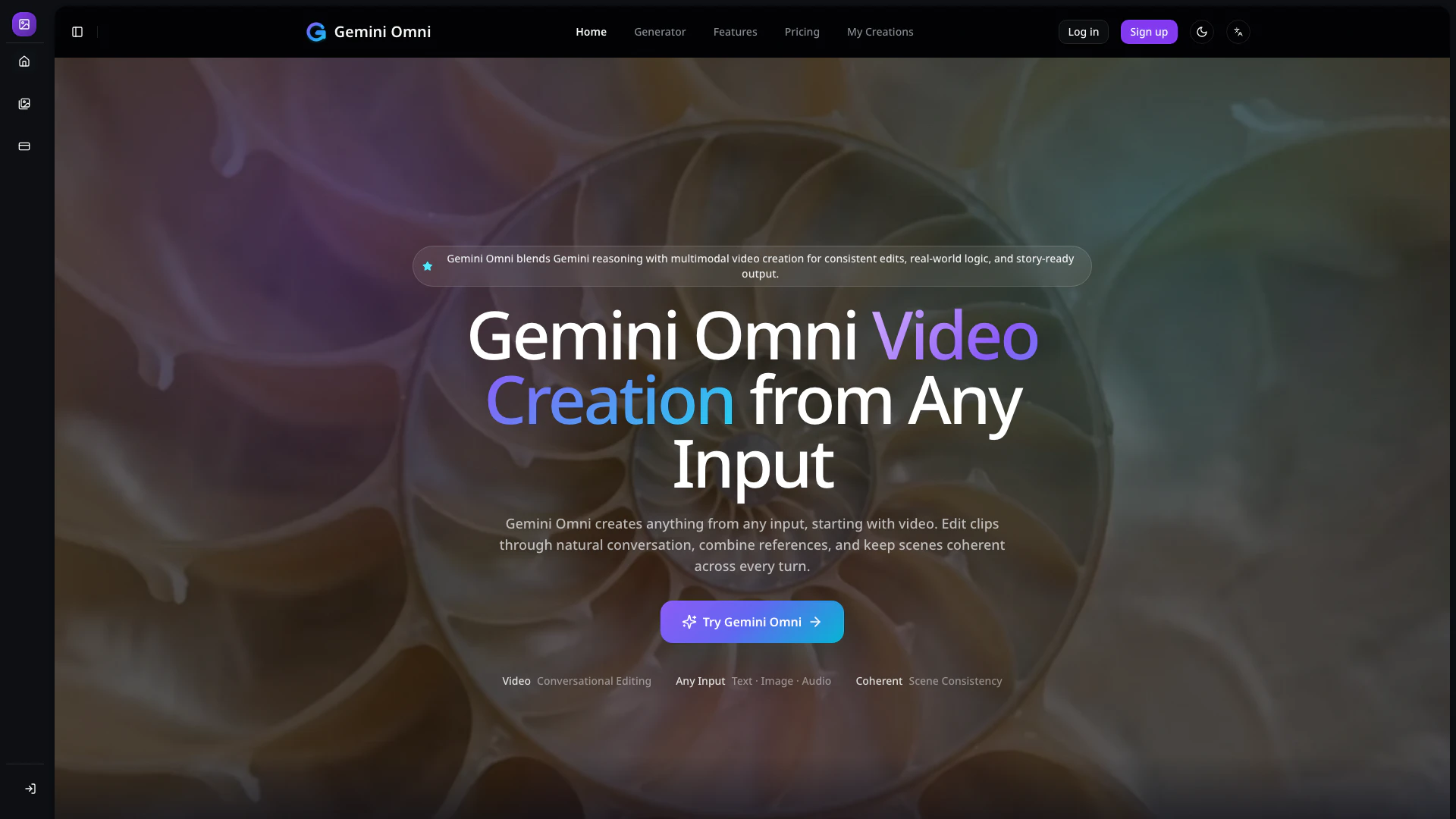 Geminiomni V1 website screenshot showing Gemini Omni transforma referencias de te... interface and features