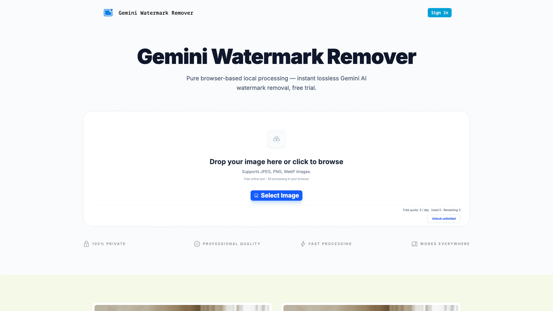 Geminiwatermarkremover website screenshot showing Xóa bỏ watermark Gemini, Nano Banana và ... interface and features