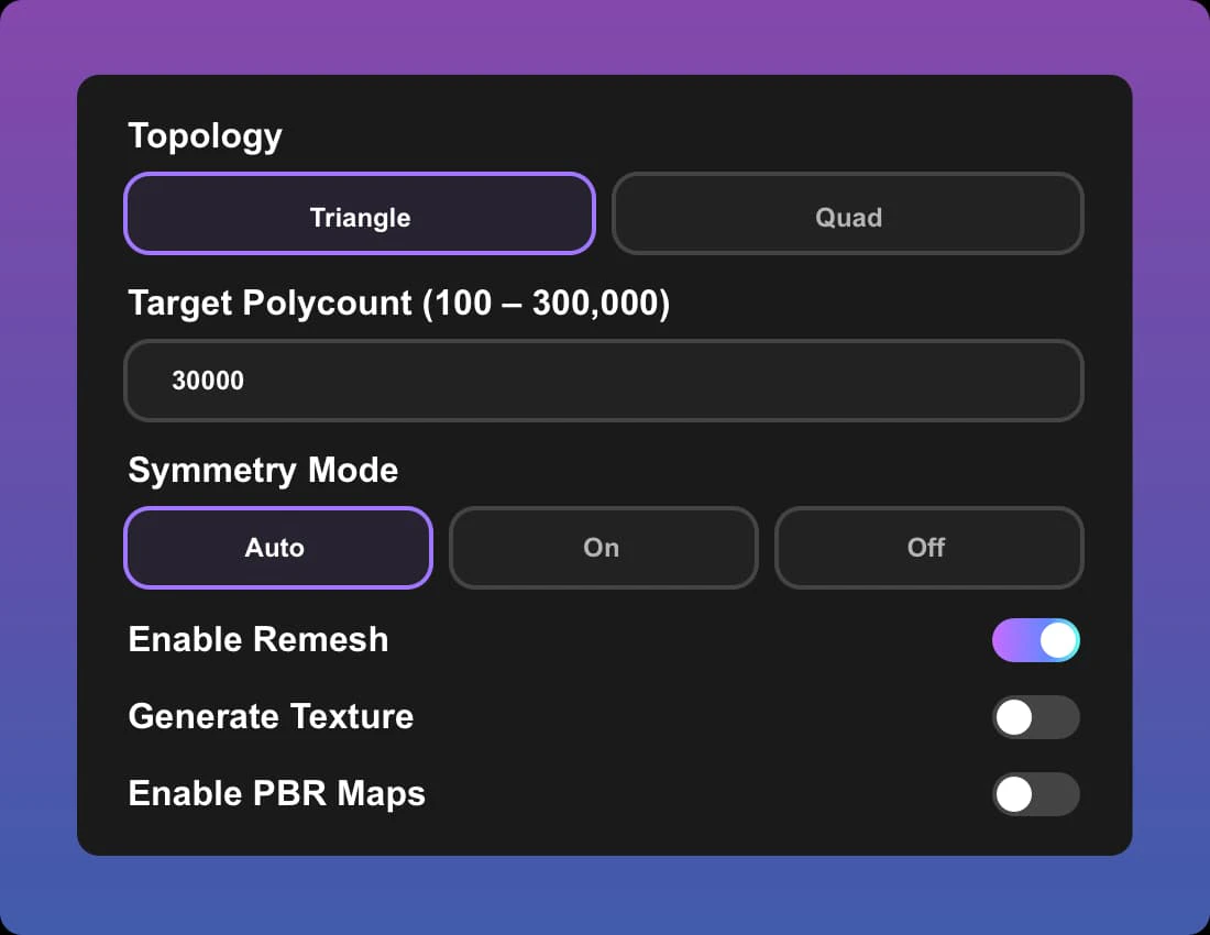 Gen3D step 2: Configure your settings for 3D model