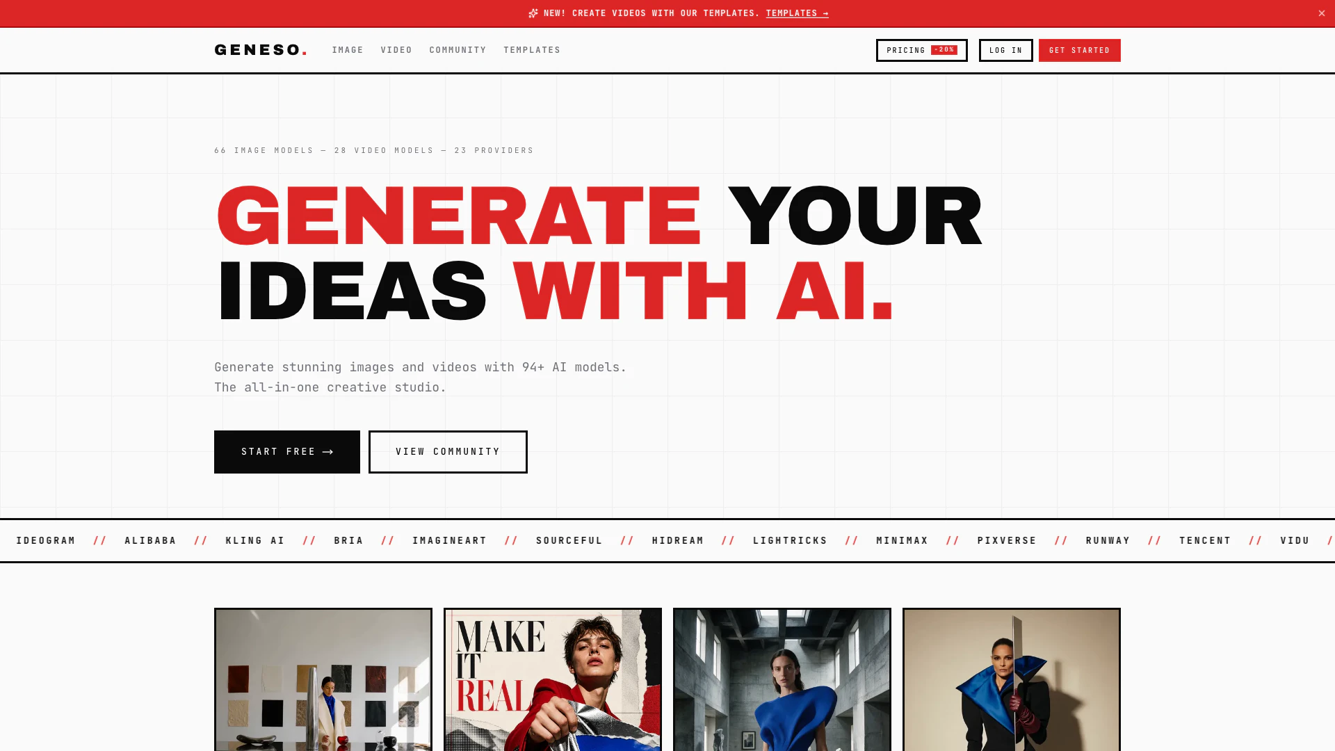 Genesoai website screenshot showing Generate professional images and videos ... interface and features