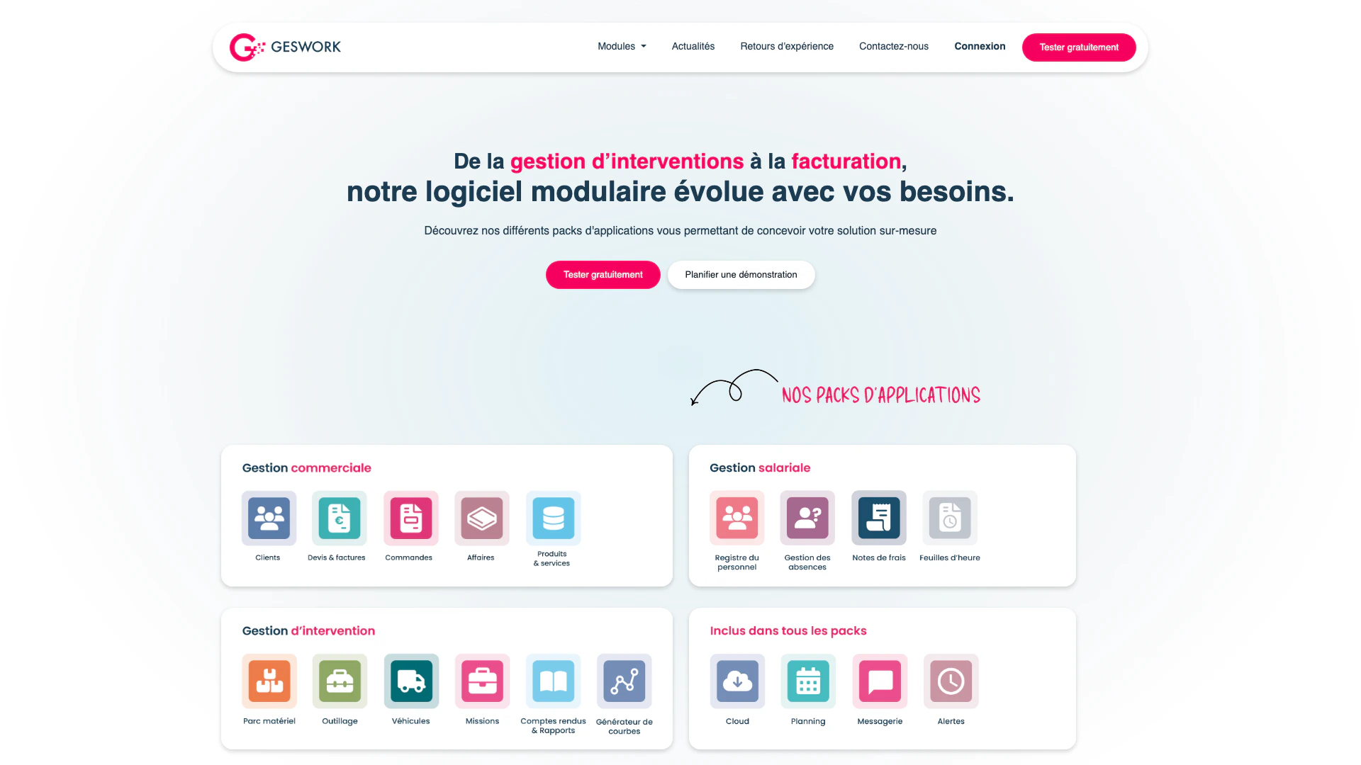 Geswork website screenshot showing Geswork simplifies the management of you... interface and features