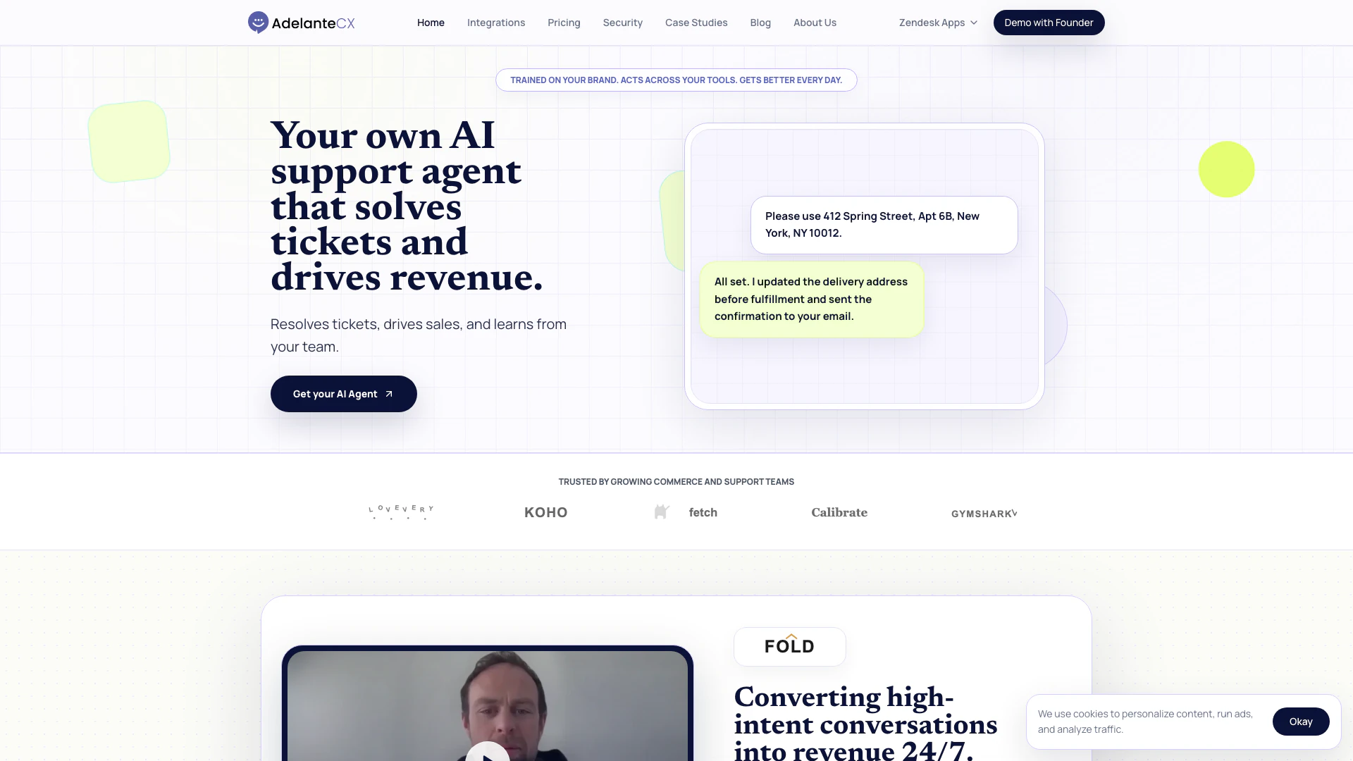 Getadelante website screenshot showing Getadelante is an AI Support Agent desig... interface and features