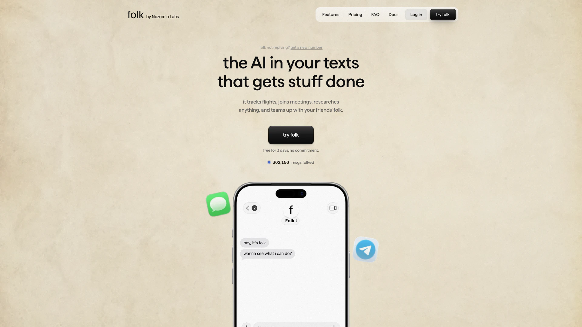 Getfolk website screenshot showing Folk is your personal AI assistant in iM... interface and features