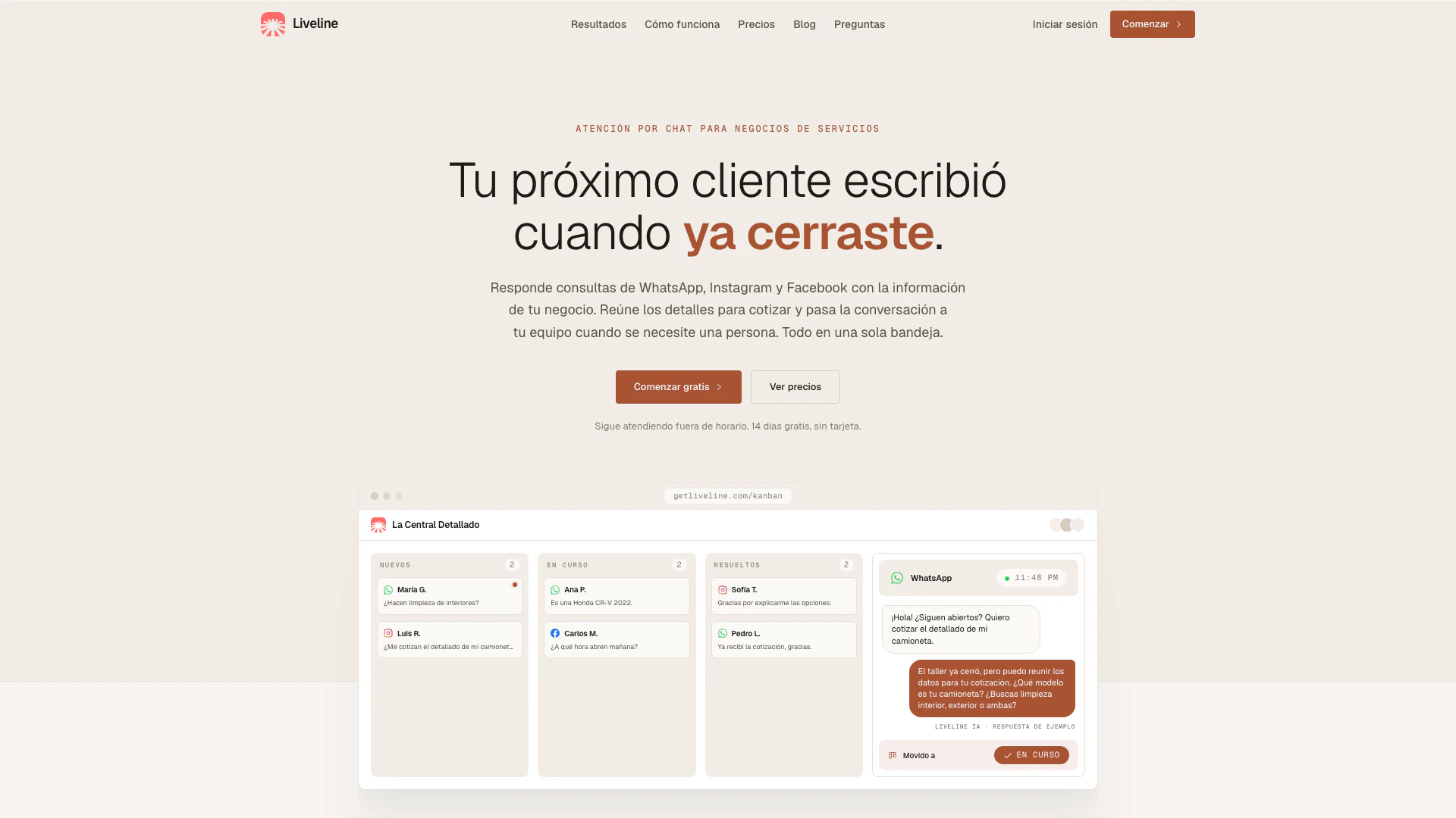 Getliveline website screenshot showing Liveline responde consultas de WhatsApp,... interface and features
