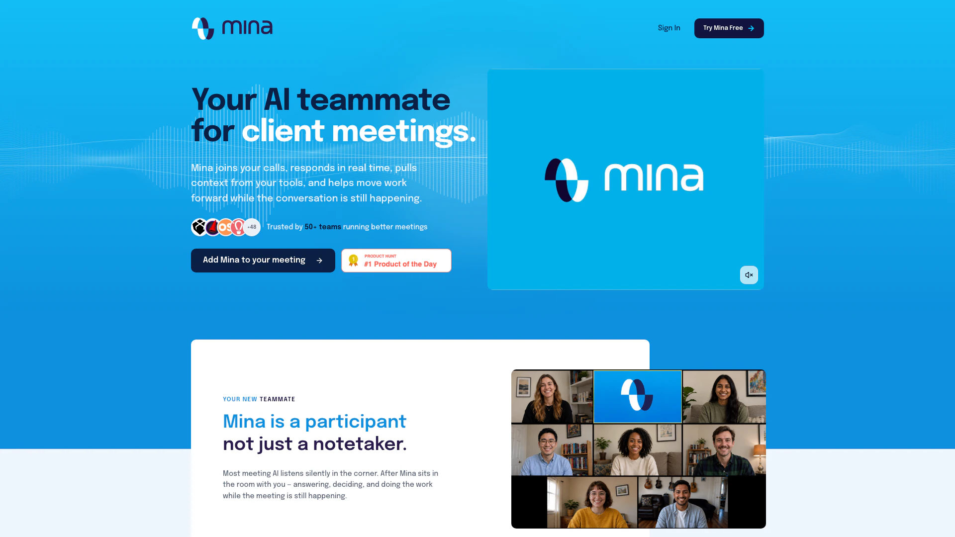 Getminaai website screenshot showing Mina es tu asistente de reuniones AI que... interface and features