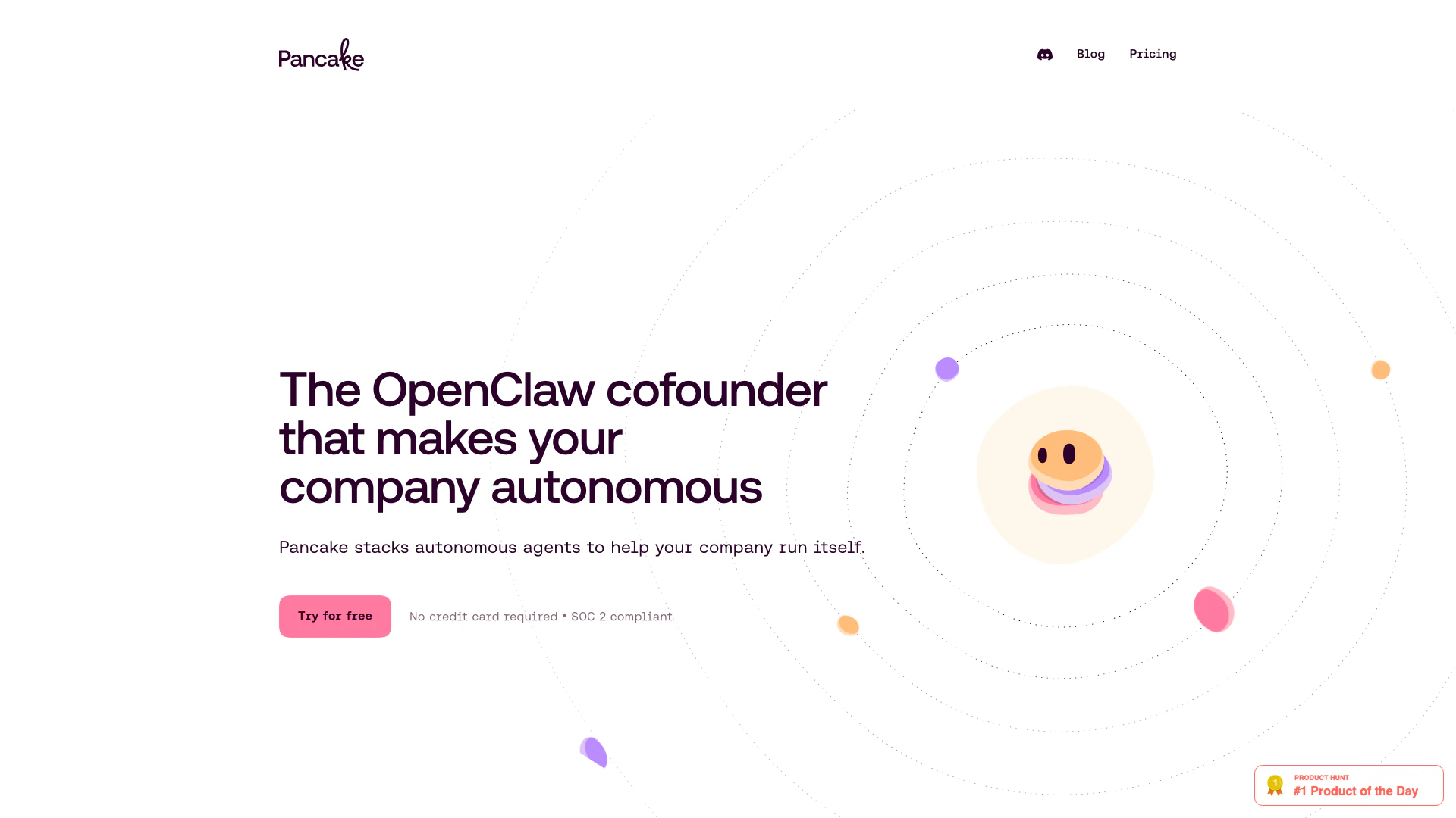 Getpancakeai website screenshot showing Pancake provides you with a cofounder th... interface and features