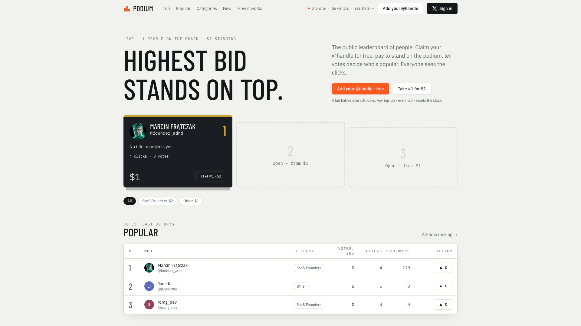 Getpodium website screenshot showing Beanspruchen Sie kostenlos Ihr @handle. ... interface and features
