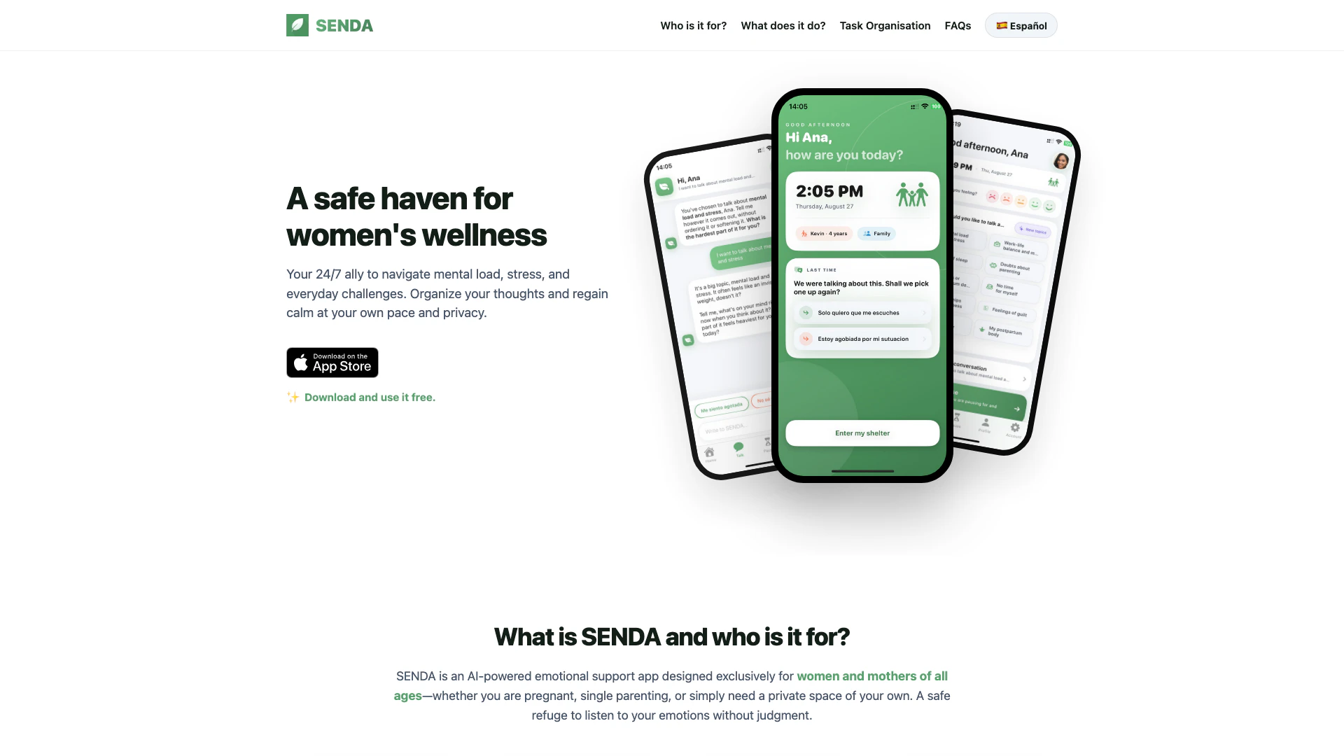 Getsenda website screenshot showing Senda é sua aliada 24/7 para mulheres, a... interface and features