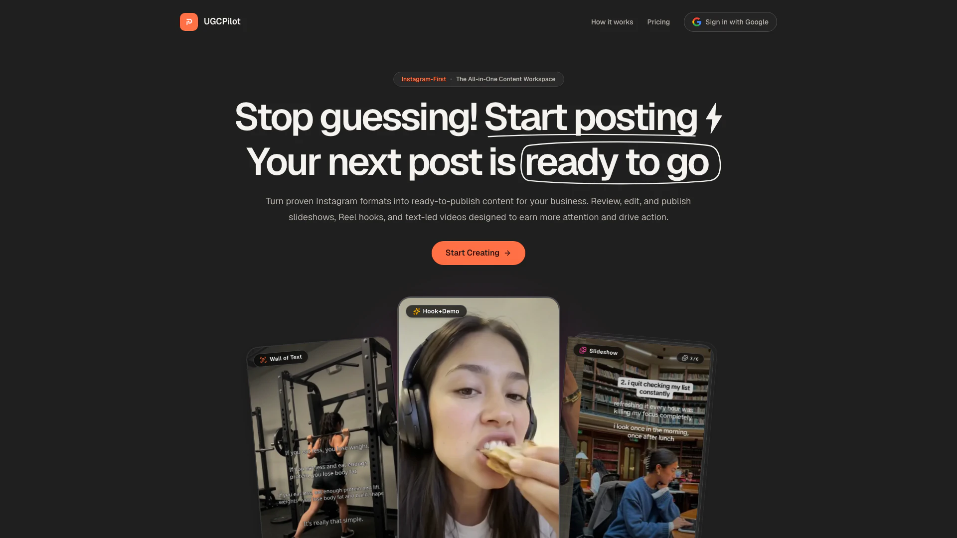 Getugcpilot website screenshot showing Crea ganchos para Instagram Reel, videos... interface and features