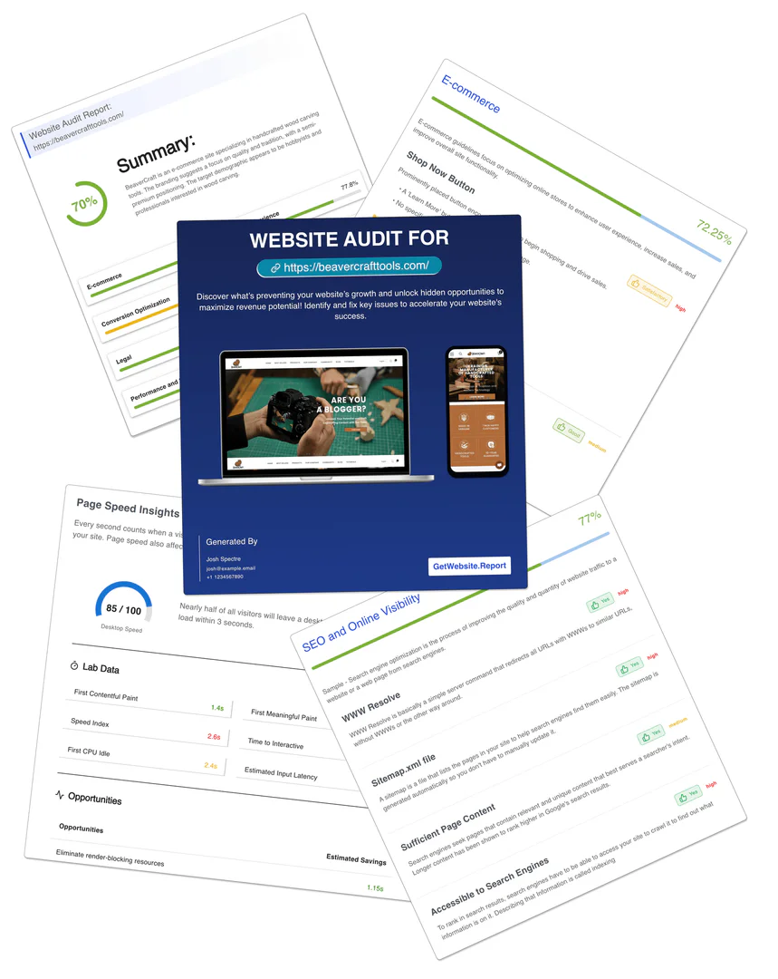 GetWebsite product overview showing landing page audit features