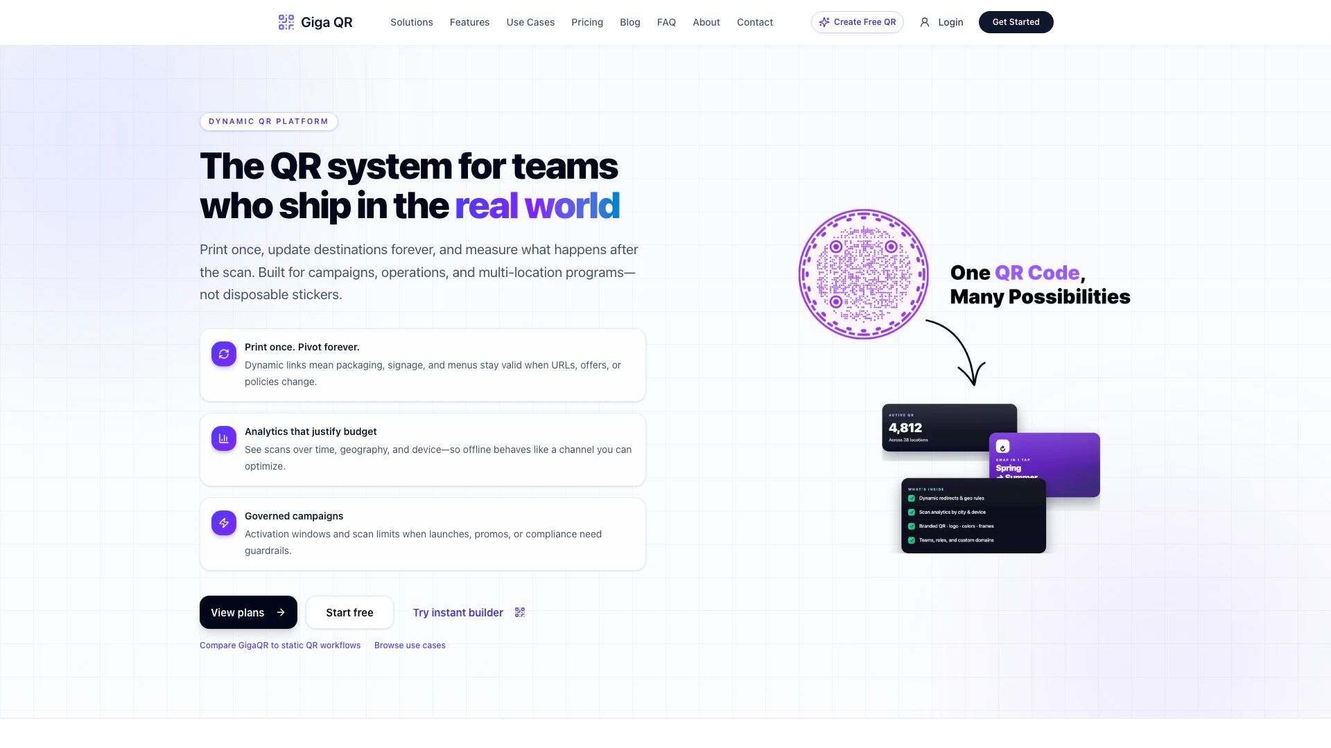 Gigaqr website screenshot showing GigaQR is a dynamic QR platform that all... interface and features