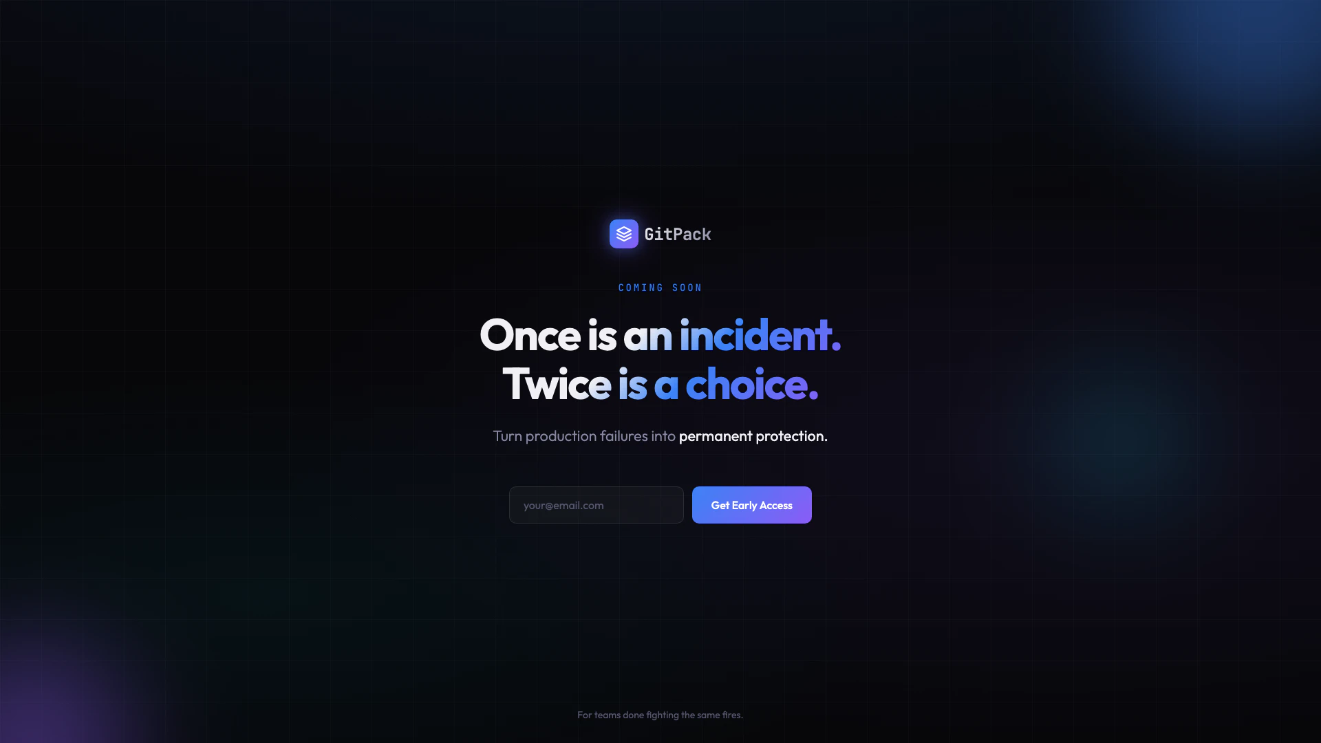 Gitpack website screenshot showing Transform production failures into prote... interface and features