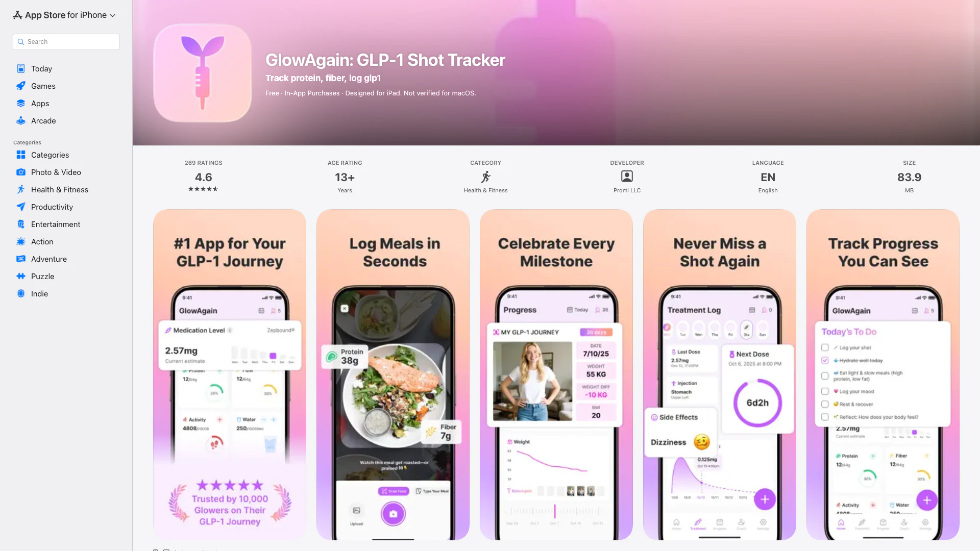 Glowagain: Glp-1 Shot Tracker - Ứng dụng iOS website screenshot showing GlowAgain: Được thiết kế cho hành trình ... interface and features