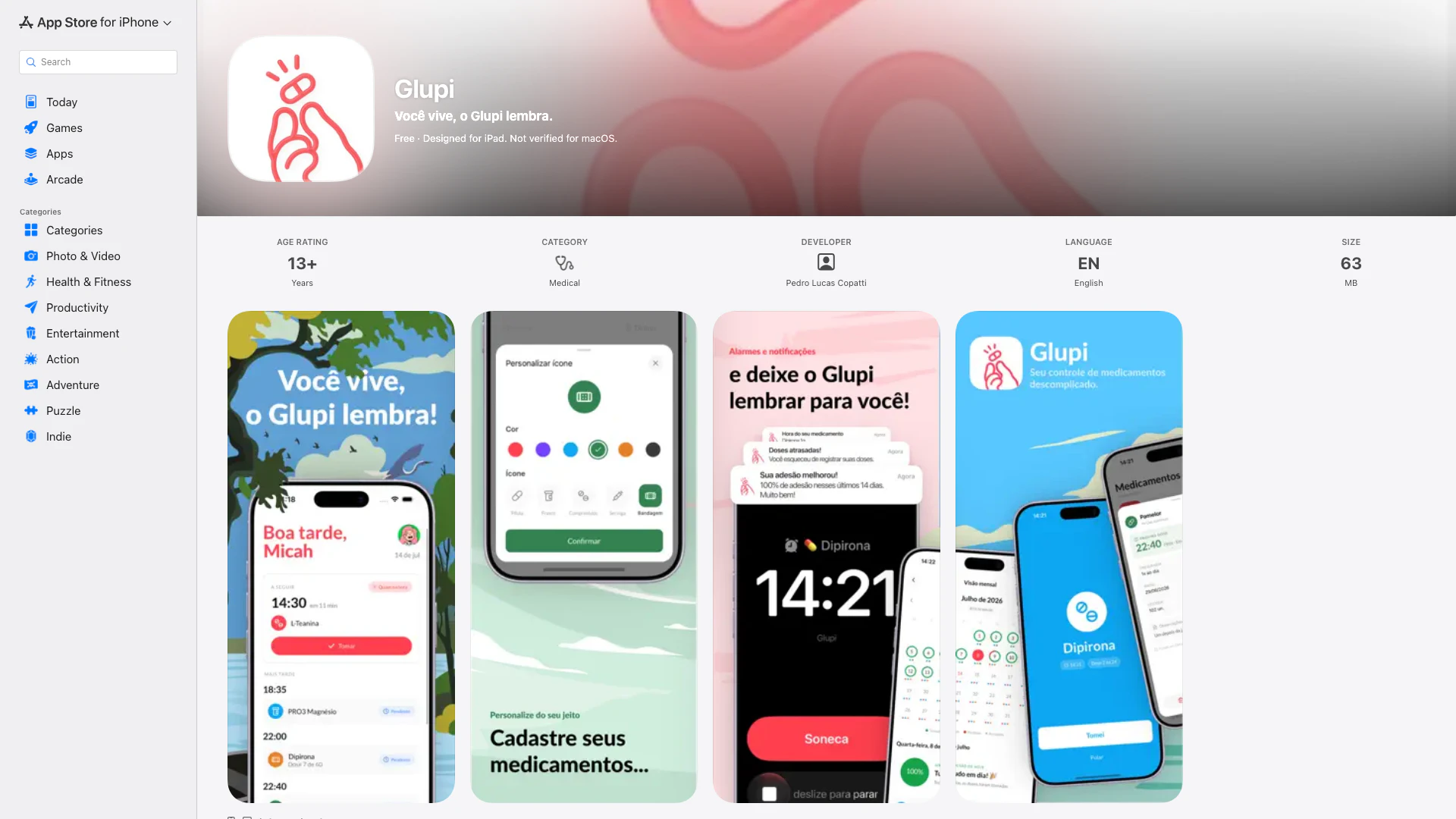 Glupi - iOS App website screenshot showing Glupi helps you keep track of your medic... interface and features
