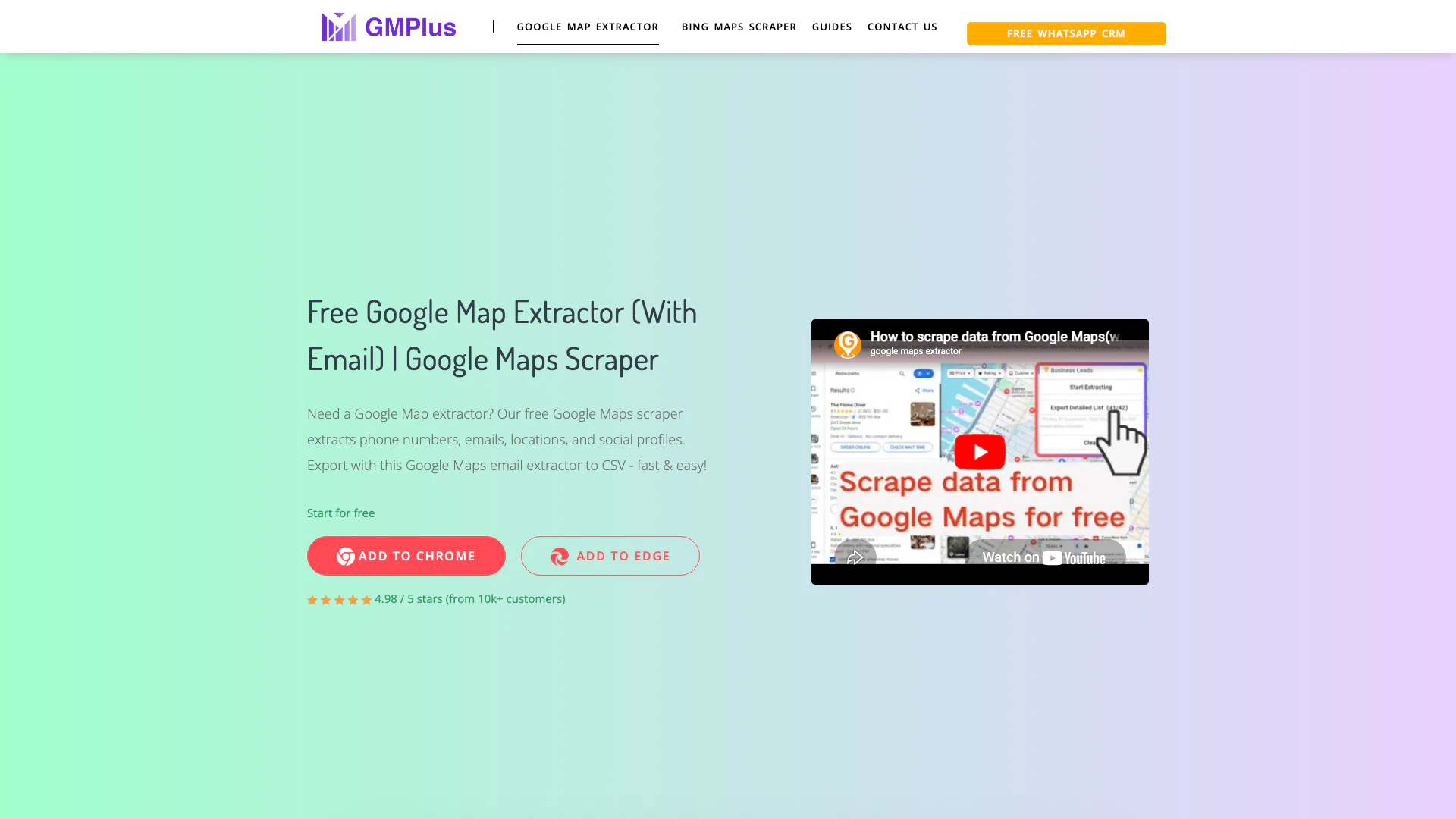 Gmplus website screenshot showing Free Google Map Extractor (With Email) |... interface and features
