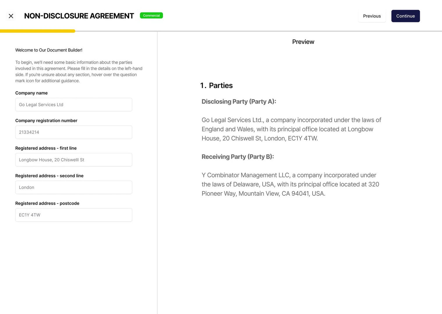 Go-legalai platform interface for creating legal documents